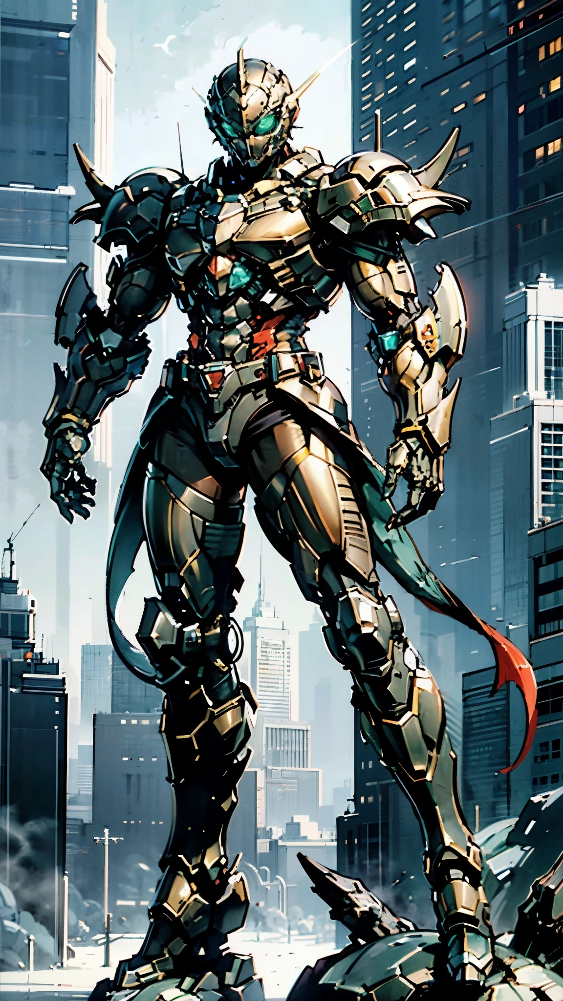 A man wearing a full-face helmet, a fantasy-style biotech armored combat suit, green eyes, (a composite layered chest armor), fully enclosed shoulder guards, matching arm and leg guards, the belt is adorned with dragon claw grasping orbs, (primarily black with red accents), the design balances heavy with agility, a high-tech bio-mecha armor, (lion concept Armor, stand on the top of a skyscraper in a futuristic sci-fi city), this character embodies a finely crafted fantasy-surreal style armored hero in anime style, exquisite and mature manga art style, (element, plasma, energy, the armor glows), ((male:1.5)), metallic, real texture material, dramatic, high definition, best quality, highres, ultra-detailed, ultra-fine painting, extremely delicate, professional, perfect body proportions, golden ratio, anatomically correct, symmetrical face, extremely detailed eyes and face, high quality eyes, creativity, RAW photo, UHD, 32k, Natural light, cinematic lighting, masterpiece-anatomy-perfect, masterpiece:1.5