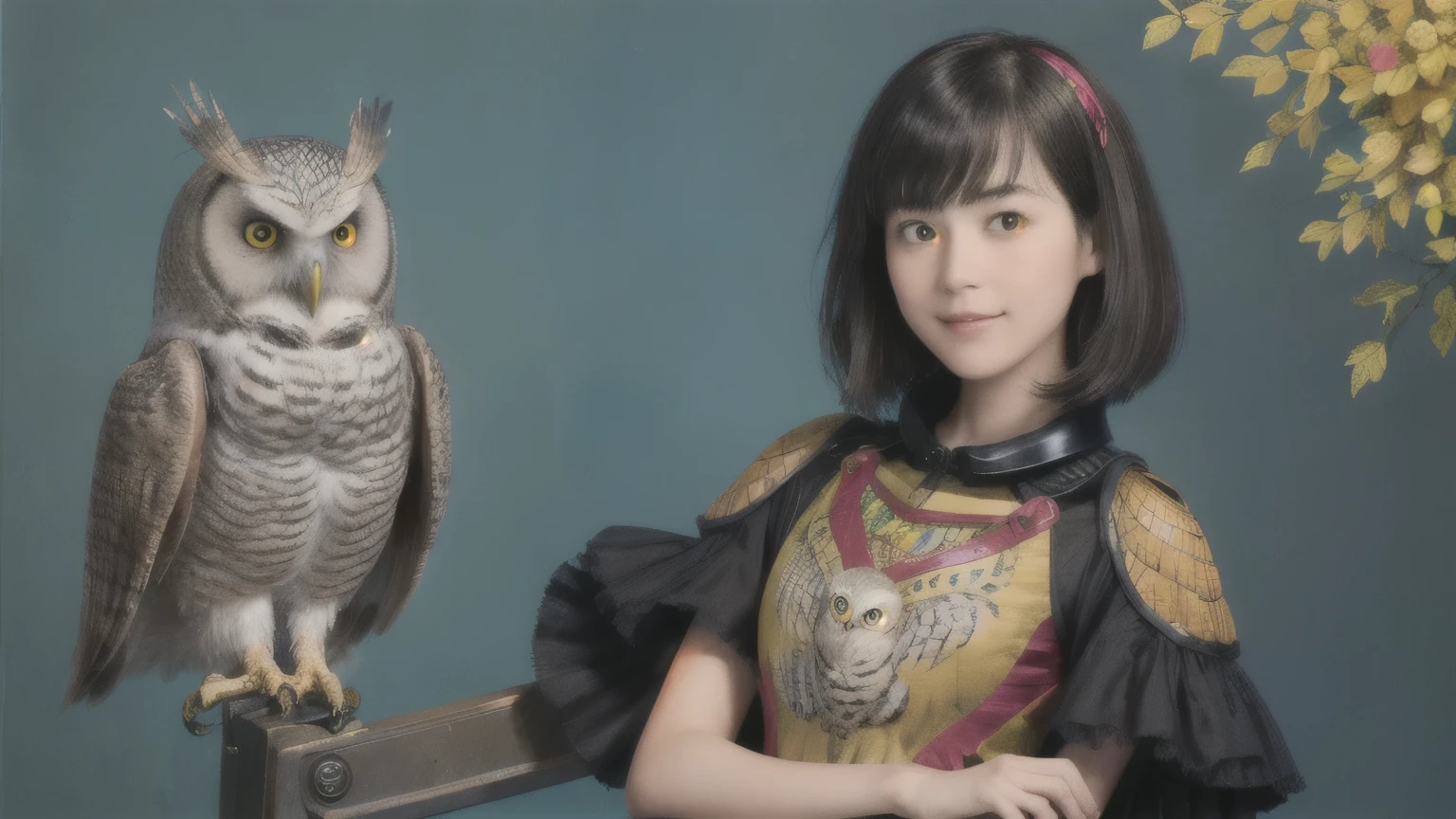 224 Short Hair, 20-year-old woman, A kind smile, (There are also colorful owls), (Rembrandt-style painting), ((machinery suit,Clothes with short sleeves)),I can see your abs