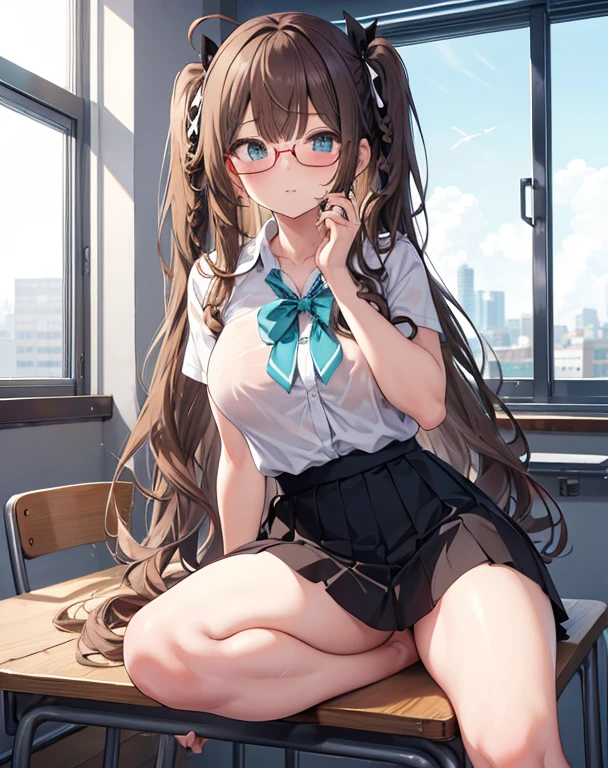 masterpiece,One girl, Sparrow, Brown Haired Girl, wearing , Curly Long Hair, Messy Hair, Black Skirt, The body is slim, 茶色のジャケットに白いパーカーをwearing, Big Breasts, she closed her left eye, Shirt decoration, Pie, Plain expression, Beautiful breasts, Round Breasts, Aqua Eye, dress, mini skirt, sit in classroom, Ahoge, 彼女はパーカーをwearing, Glasses, Twin tail braids Nsfw,Pussy、Ecchi