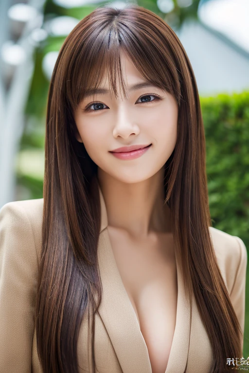 (masterpiece:1.3), (8k, Photorealistic, Raw photo, Best image quality: 1.4), Japanese woman in her 30s、(Long Hairstyles:1.2)、Cleavage:1.2、Super detailed face、Attention to detail、double eyelid、Put your chest together、Sharp focus:1.2、Beautiful woman:1.4、Light brown hair、highest quality、masterpiece、超A high resolution、(Photorealistic:1.4)、Highly detailed and professionally lit smile、thin、suit、Serious expression、Deadly position、Holiday home、No logo