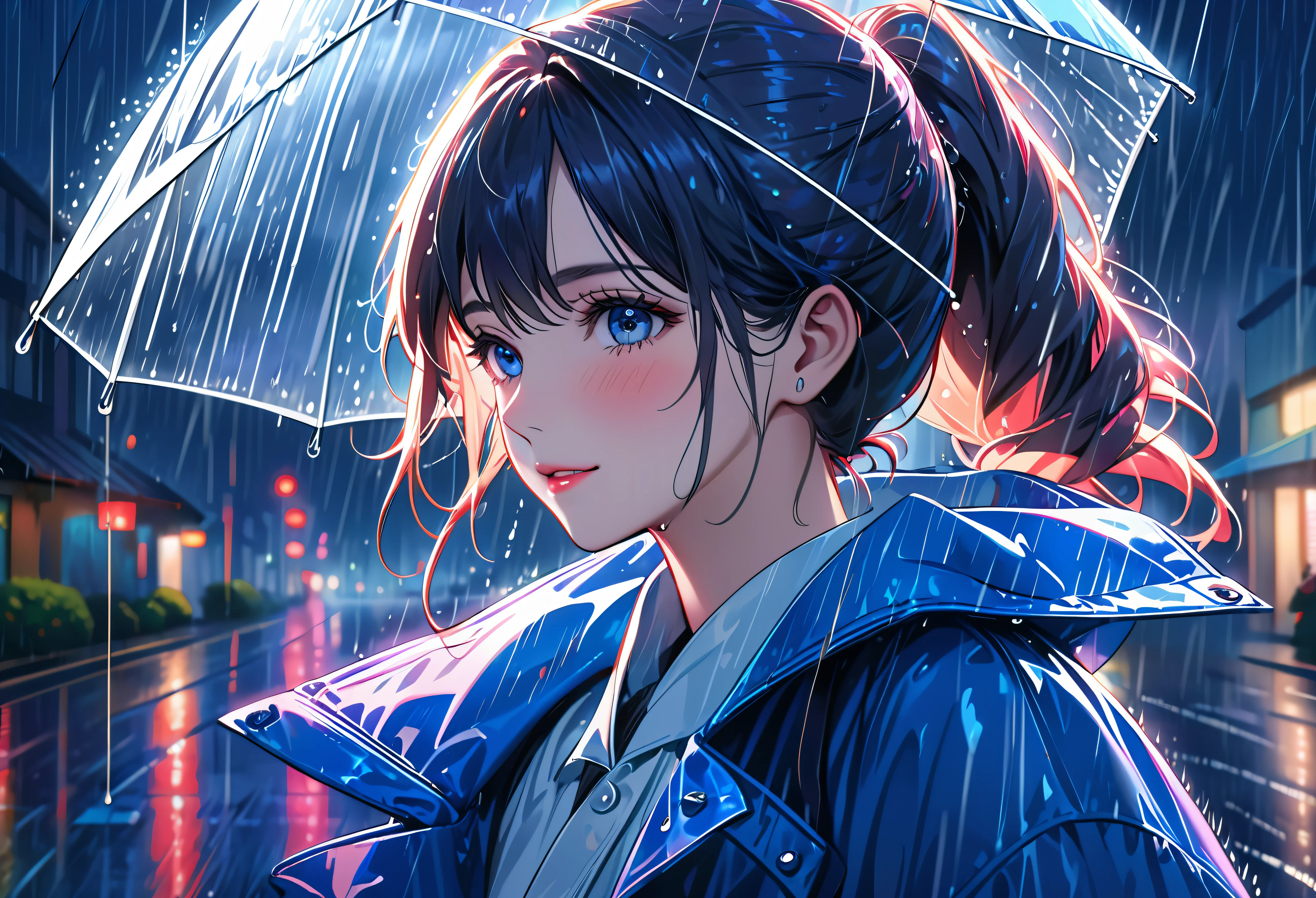 One girl,City of night,rain,coat,Put your hands in your pockets,rainbow colored raincoat,dance in the rain,best quality, highres, ultra-detailed, realistic:1.37, Close to cold colors,reduce saturation, portrait, soft lighting, long eyelashes, sparkling eyes, glossy lips, detailed skin, retro pattern, pastel colors, ((smile while crying1.2)), ((shedding tears:2.0),, ((sad look:1.8)),, dreamy atmosphere, elegant pose, nostalgic vibes, glittering highlights, flawless complexion, 80s style fashion, retro hairdo, pink blush, delicate features, diamond-like eyes,((rain squall:2.8)),((intersection))((high rise residential building Dark city silhouette background:2.0))