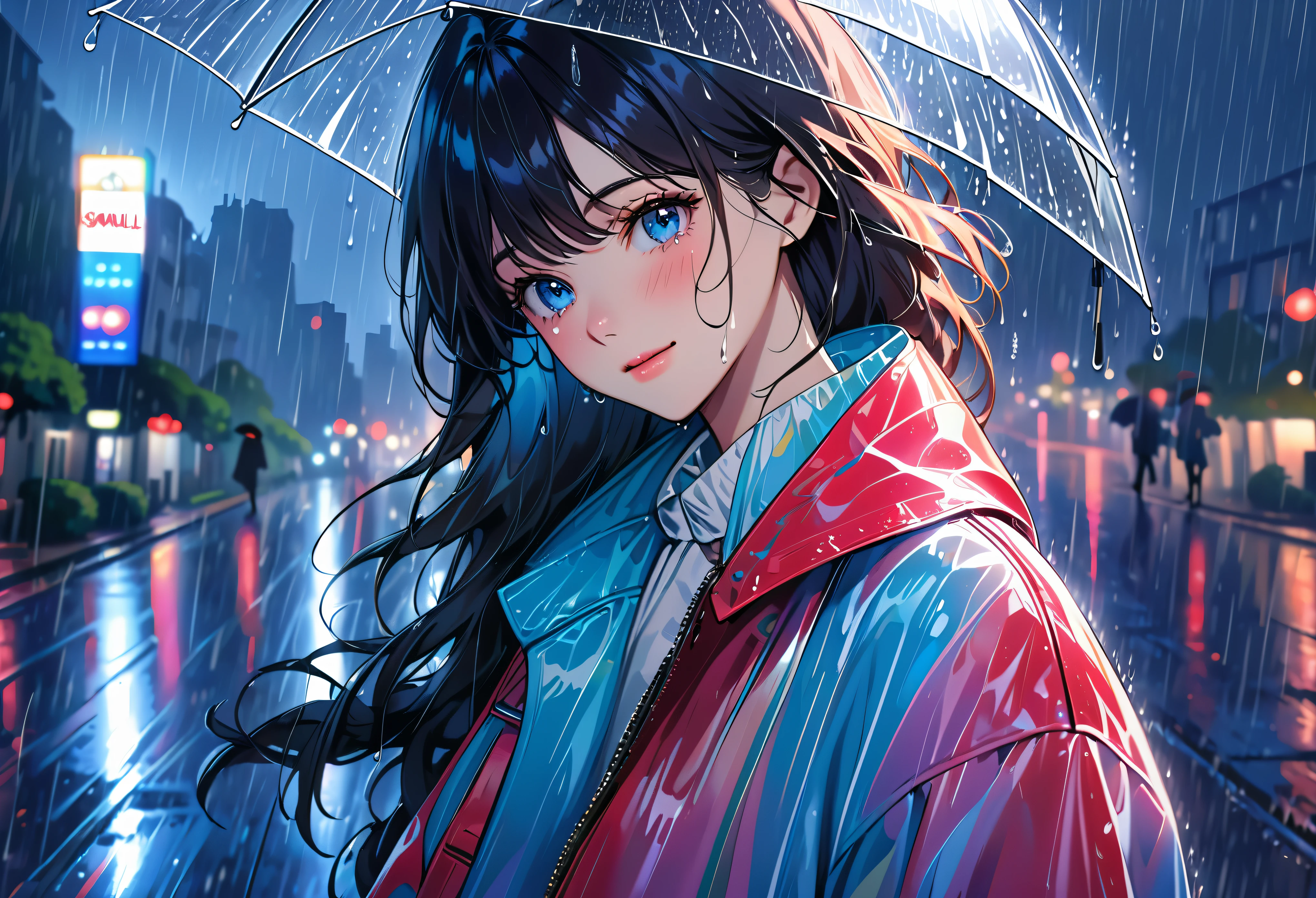 One girl,City of night,rain,coat,Put your hands in your pockets,rainbow colored raincoat,dance in the rain,best quality, highres, ultra-detailed, realistic:1.37, Close to cold colors,reduce saturation, portrait, soft lighting, long eyelashes, sparkling eyes, glossy lips, detailed skin, retro pattern, pastel colors, ((smile while crying1.2)), ((shedding tears:2.0),, ((sad look:1.8)),, dreamy atmosphere, elegant pose, nostalgic vibes, glittering highlights, flawless complexion, 80s style fashion, retro hairdo, pink blush, delicate features, diamond-like eyes,((rain squall:2.8)),((intersection))((high rise residential building Dark city silhouette background:2.0))