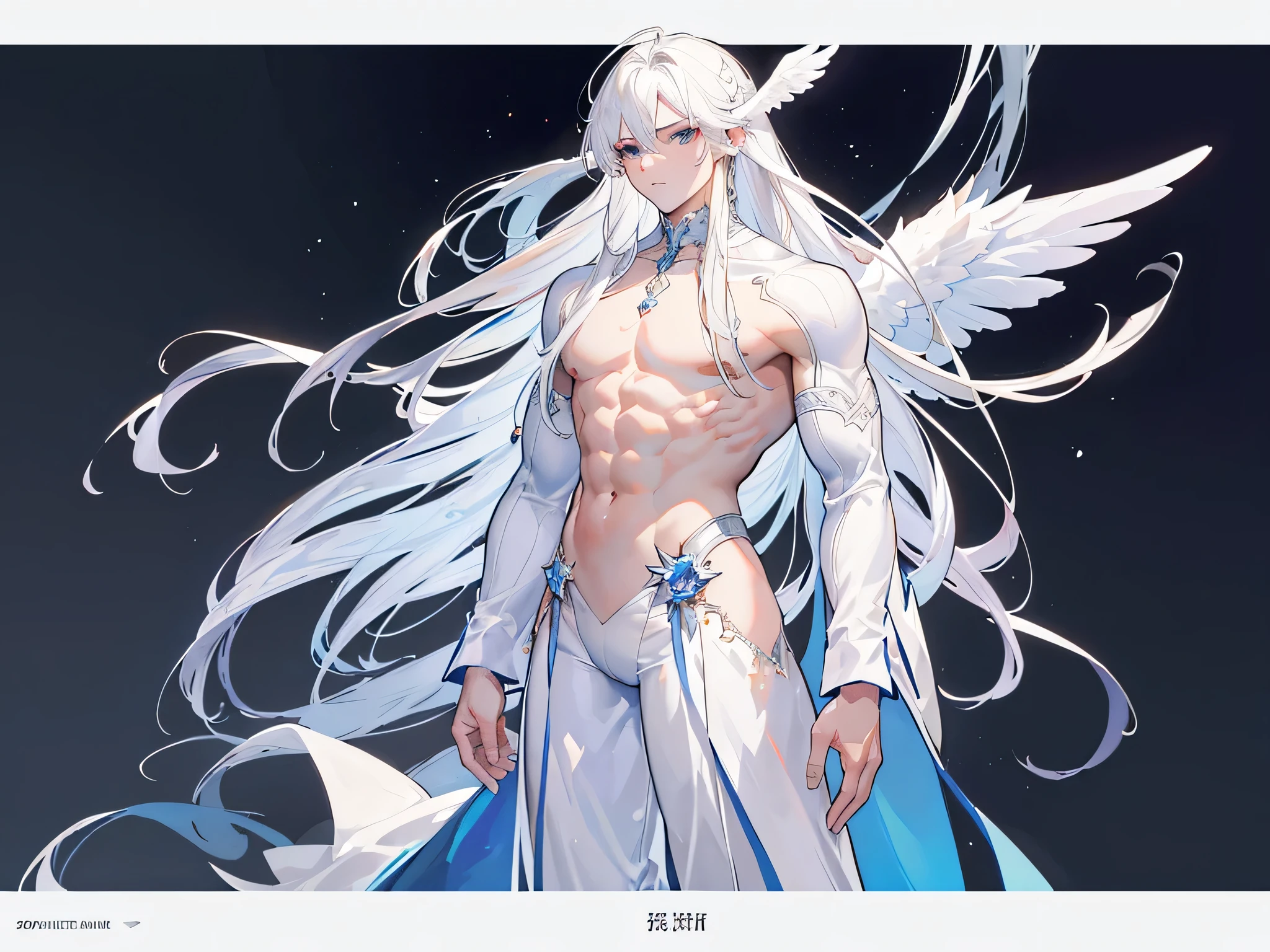 ((Masterpiece, Highest quality)), Male, boy, Detailed face, character design sheet，full bodyesbian, Full of details, frontal body view, back body view, Highly detailed, Depth, Many parts, dark skin, angel wings, white hair, angel outfit, Muscle boy with white long hair，handsome man, male angel , man tall, abs, pectoral muscle