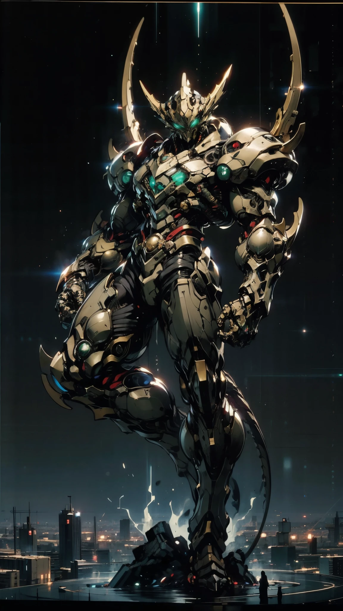 A man wearing a full-face helmet, a fantasy-style biotech armored combat suit, green eyes, (a composite layered chest armor), fully enclosed shoulder guards, matching arm and leg guards, the belt is adorned with dragon claw grasping orbs, (primarily black with red accents), the design balances heavy with agility, a high-tech bio-mecha armor, (lion concept Armor, stand on the top of a skyscraper in a futuristic sci-fi city), this character embodies a finely crafted fantasy-surreal style armored hero in anime style, exquisite and mature manga art style, (element, plasma, energy, the armor glows), ((male:1.5)), metallic, real texture material, dramatic, high definition, best quality, highres, ultra-detailed, ultra-fine painting, extremely delicate, professional, perfect body proportions, golden ratio, anatomically correct, symmetrical face, extremely detailed eyes and face, high quality eyes, creativity, RAW photo, UHD, 32k, Natural light, cinematic lighting, masterpiece-anatomy-perfect, masterpiece:1.5