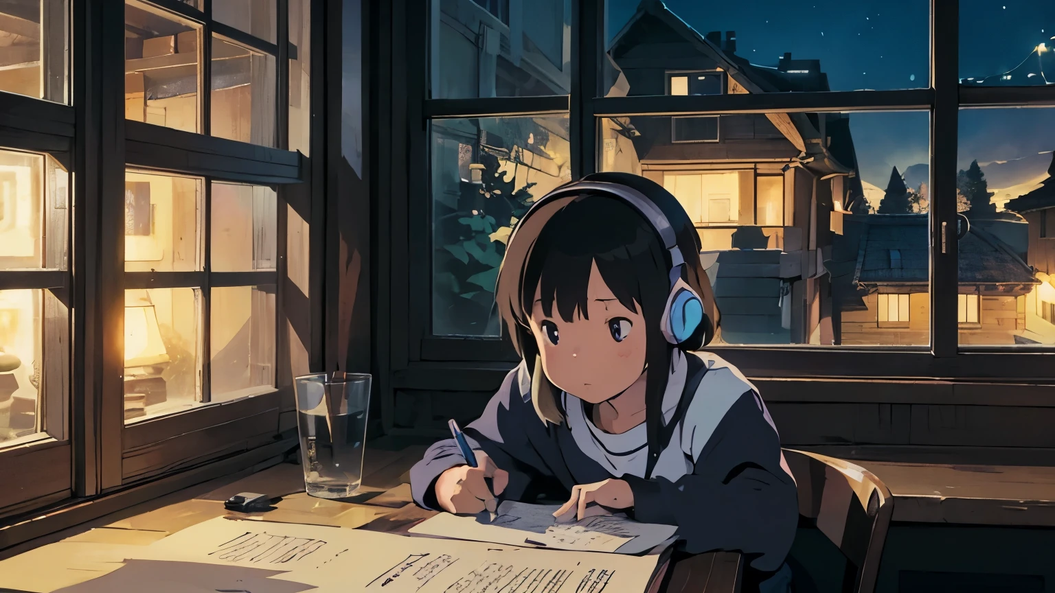 In the room at night。A cat wearing headphones is relaxing and studying at a desk。Outside the window, there is a fantastic starlight。Illustrated style。Hold the pen。
