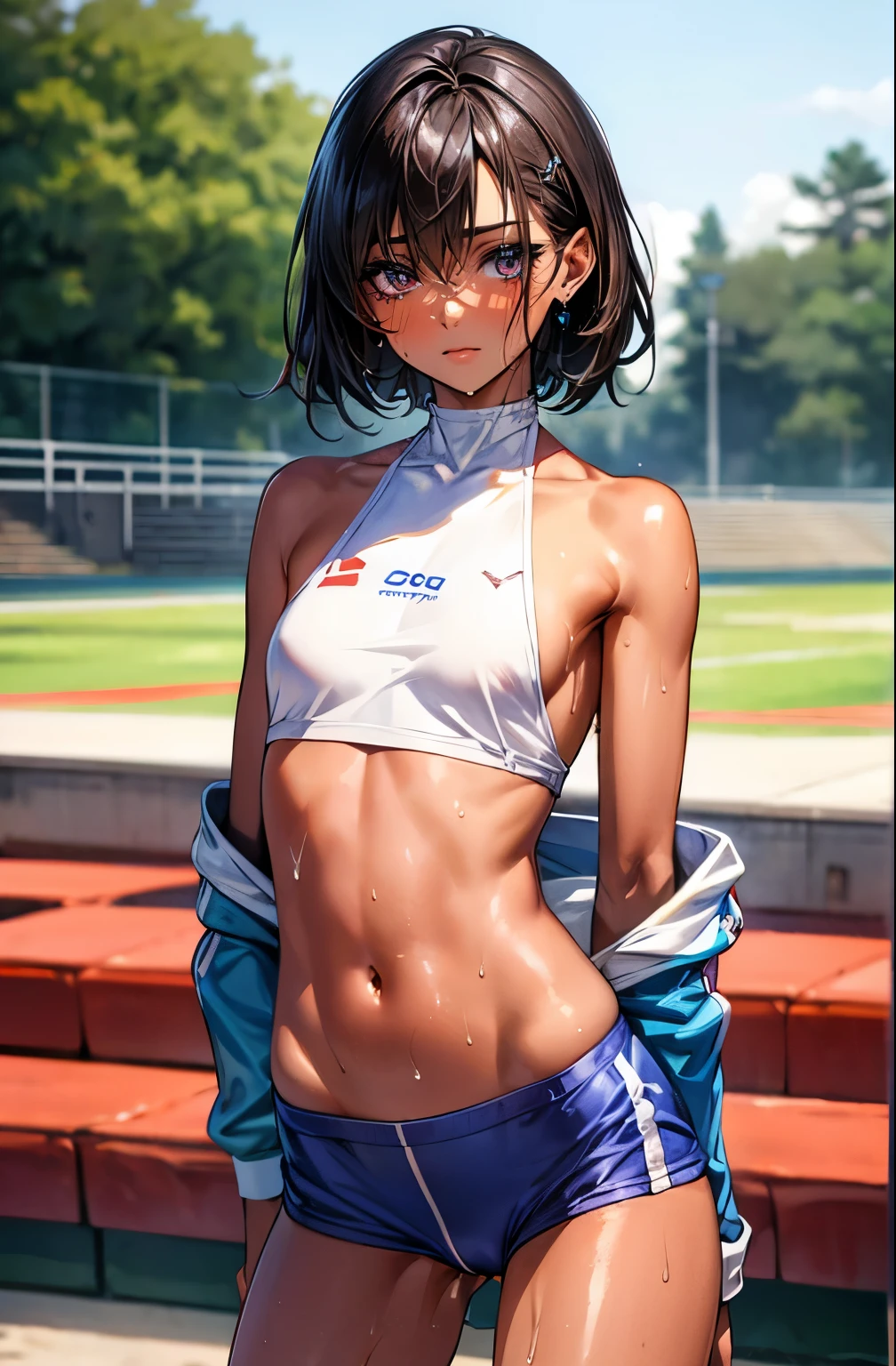 (nsfw),(((perfect anatomy:1.2,realistic:1.3,RAW Photography:1.3,masterpiece, highest quality, Ultra-High resolution, High resolution, Highly detailed CG, 8K))),cowboy shot, 1 female, solo, 20 year old beautiful girl,Japanese,((beautiful detailed face and eyes:1.3,big gorgeous eyes:1.3)), BREAK ,black hair,((short length hair,shoulder length hair)),bangs,tears,shy,drooling, BREAK ,((dark brown skin)), BREAK ,((small breasts, ideal ratio body proportions:1.5,small head:1.5, slender body,skinny)),(oily skin, gleaming skin,shiny skin,sweat:1.5), kneeling, BREAK ,Blue sports bra、clavicle、Blue sports shorts,navel、((Wet crotch、Love juice:1.5、bukkake:1.3,excessive cum:1.3)), BREAK ,Outdoor、Athletics Stadium、Large crowd、