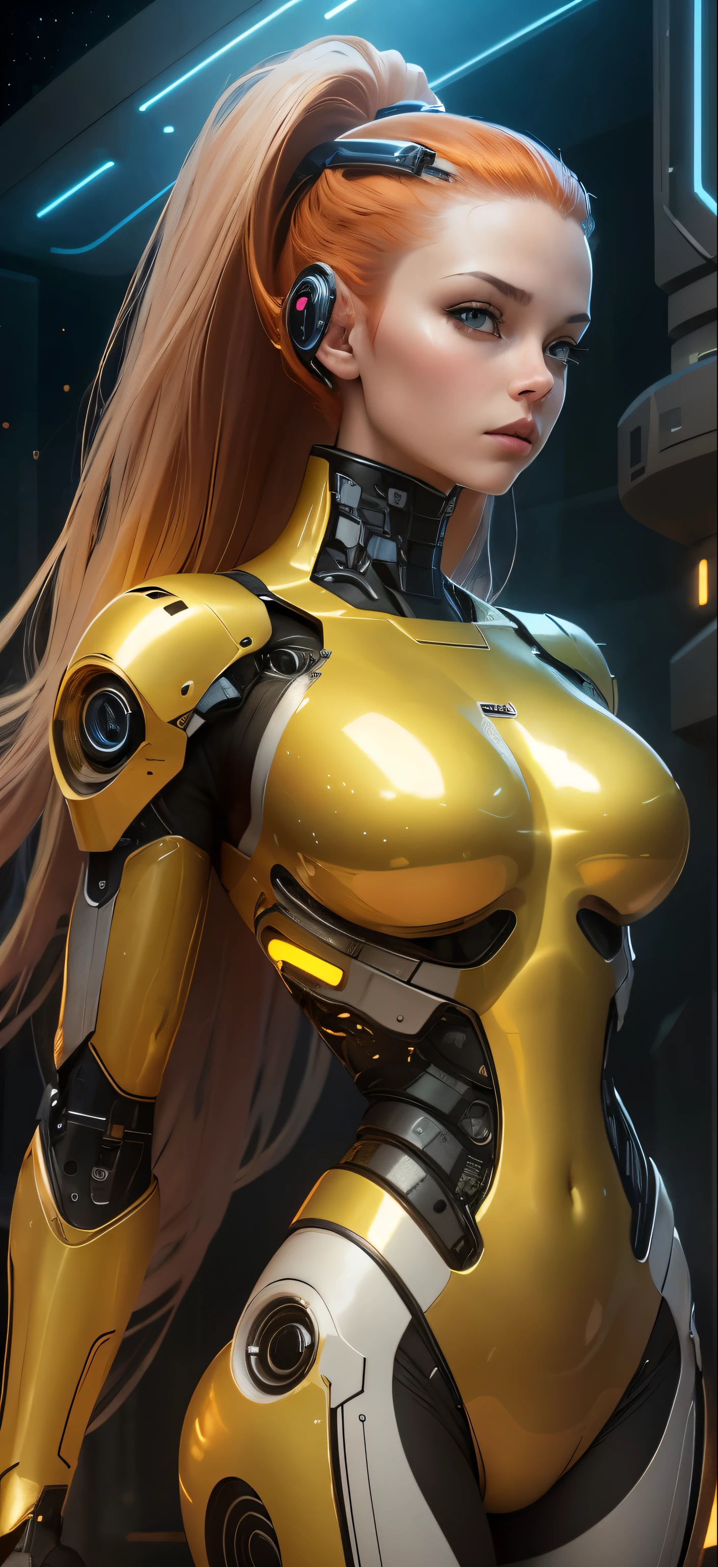 Corpo suave de uma linda ciborgue feminina branca, cabelo vermelho, suave, retrato de corpo inteiro, alien desert world, curved, suave round hips, redondo, mas, perfeito, softer automotive type polish brilho, brilho, Brilho, brilho, Brilhar, white copper body panels color, tecnologia hiperdetalhada, bioluminescent, bar lighting, dark starry background and sky, sci-fi, fotorrealismo, Estilo de arte hiperrealista,