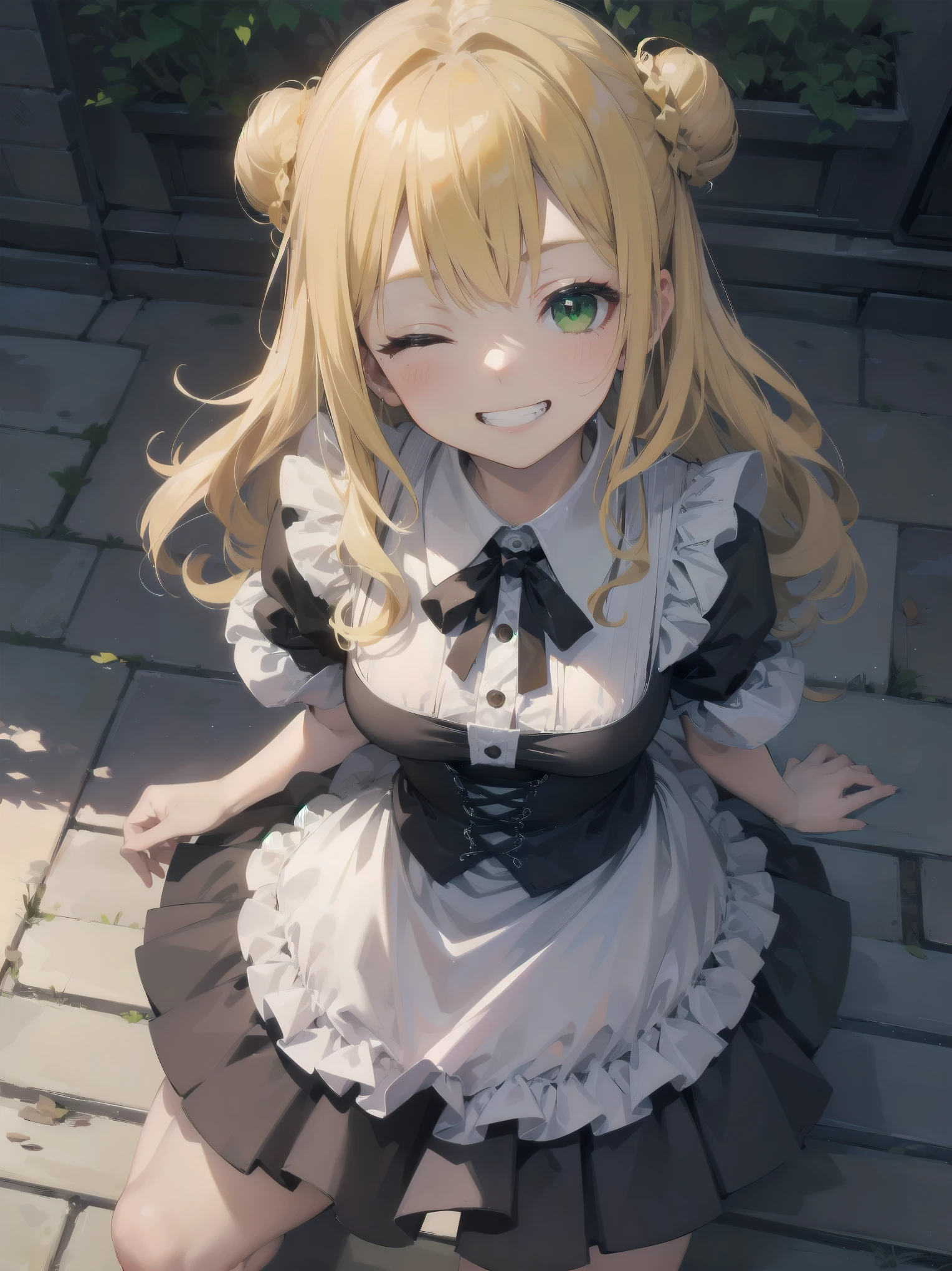 Masterpiece, Top Quality, One Girl, Solo, (Masterpiece: 1.2), (Top Quality: 1.2), Perfect eyes, perfect face, perfect lighting, sunlight, outdoors, marquis mansion, one girl, blonde hair, yellow-green eyes, one eye closed, (((wavy hair))), bun head, medium hair, ((gothic maid)), Cute eyes, closed mouth, ((from above)), ((front)), ((open legs)), ((grin)), cute pose.
