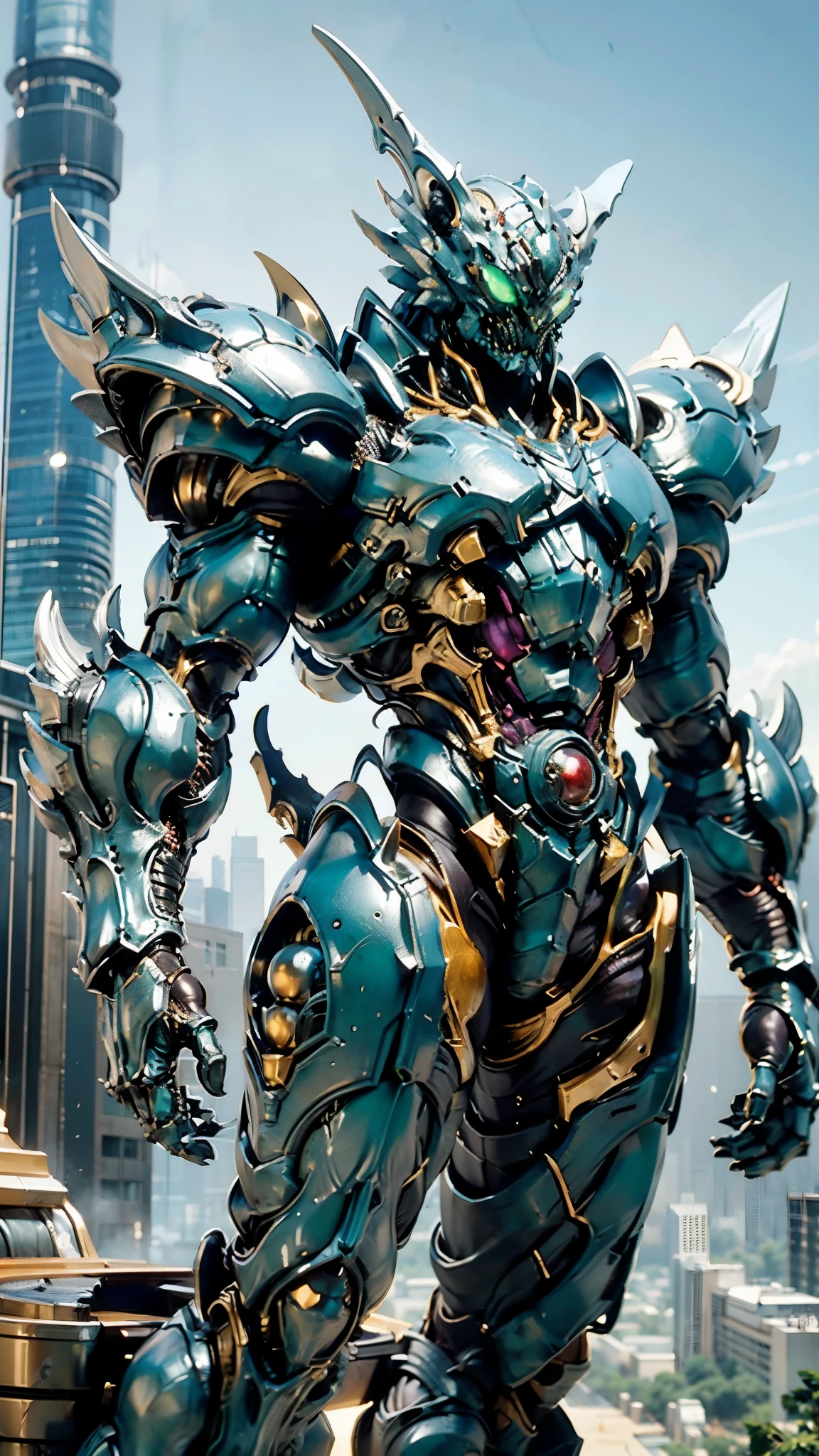 A man wearing a full-face helmet, a fantasy-style biotech armored combat suit, green eyes, (a composite layered chest armor), fully enclosed shoulder guards, matching arm and leg guards, the belt is adorned with dragon claw grasping orbs, (primarily black with red accents), the design balances heavy with agility, a high-tech bio-mecha armor, (lion concept Armor, stand on the top of a skyscraper in a futuristic sci-fi city), this character embodies a finely crafted fantasy-surreal style armored hero in anime style, exquisite and mature manga art style, (element, plasma, energy, the armor glows), ((male:1.5)), metallic, real texture material, dramatic, high definition, best quality, highres, ultra-detailed, ultra-fine painting, extremely delicate, professional, perfect body proportions, golden ratio, anatomically correct, symmetrical face, extremely detailed eyes and face, high quality eyes, creativity, RAW photo, UHD, 32k, Natural light, cinematic lighting, masterpiece-anatomy-perfect, masterpiece:1.5