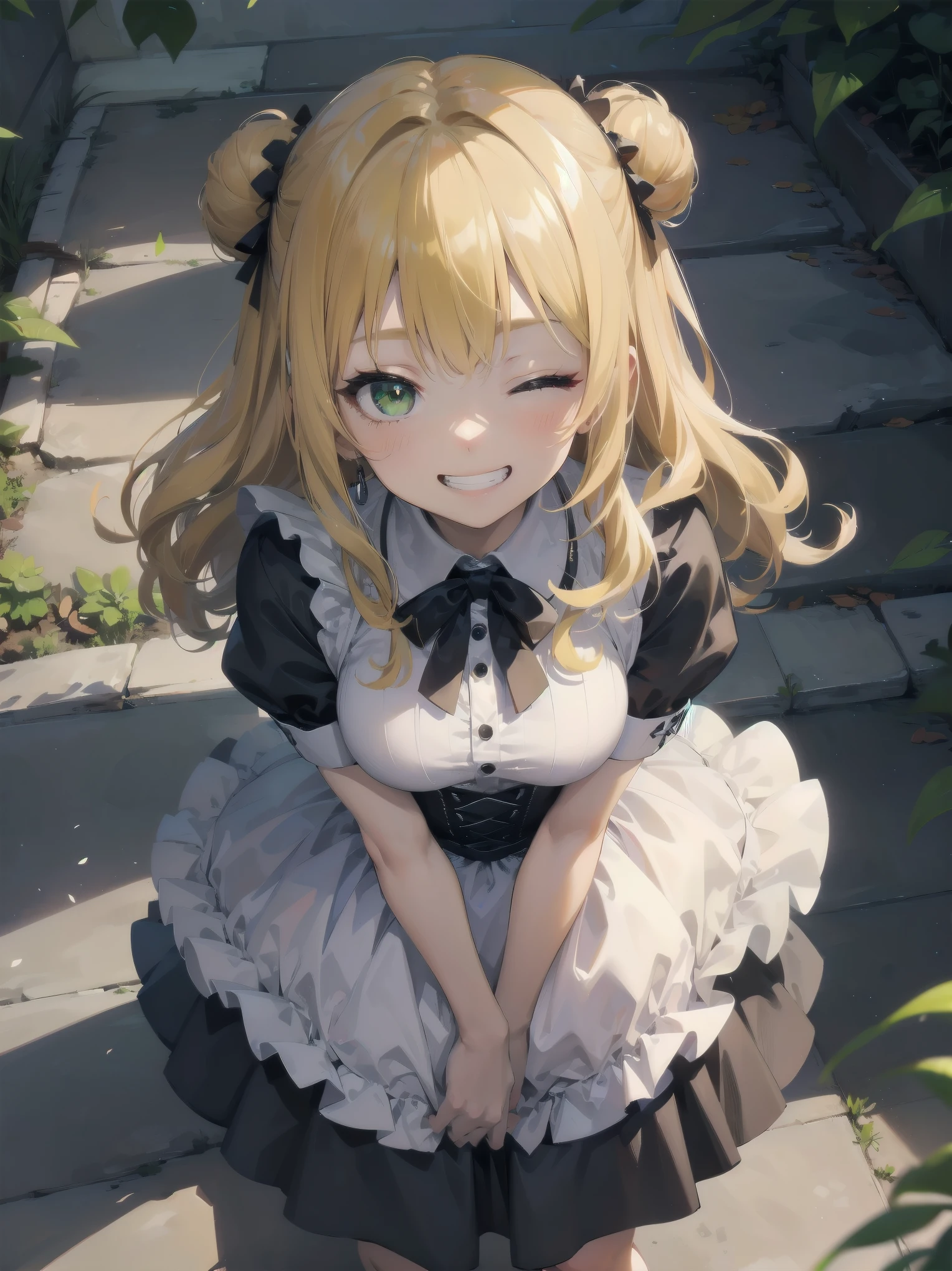 Masterpiece, Top Quality, One Girl, Solo, (Masterpiece: 1.2), (Top Quality: 1.2), Perfect eyes, perfect face, perfect lighting, sunlight, outdoors, marquis mansion, one girl, blonde hair, yellow-green eyes, one eye closed, (((wavy hair))), bun head, medium hair, ((gothic maid)), Cute eyes, closed mouth, ((from above)), ((front)), ((open legs)), ((grin)), cute pose.
