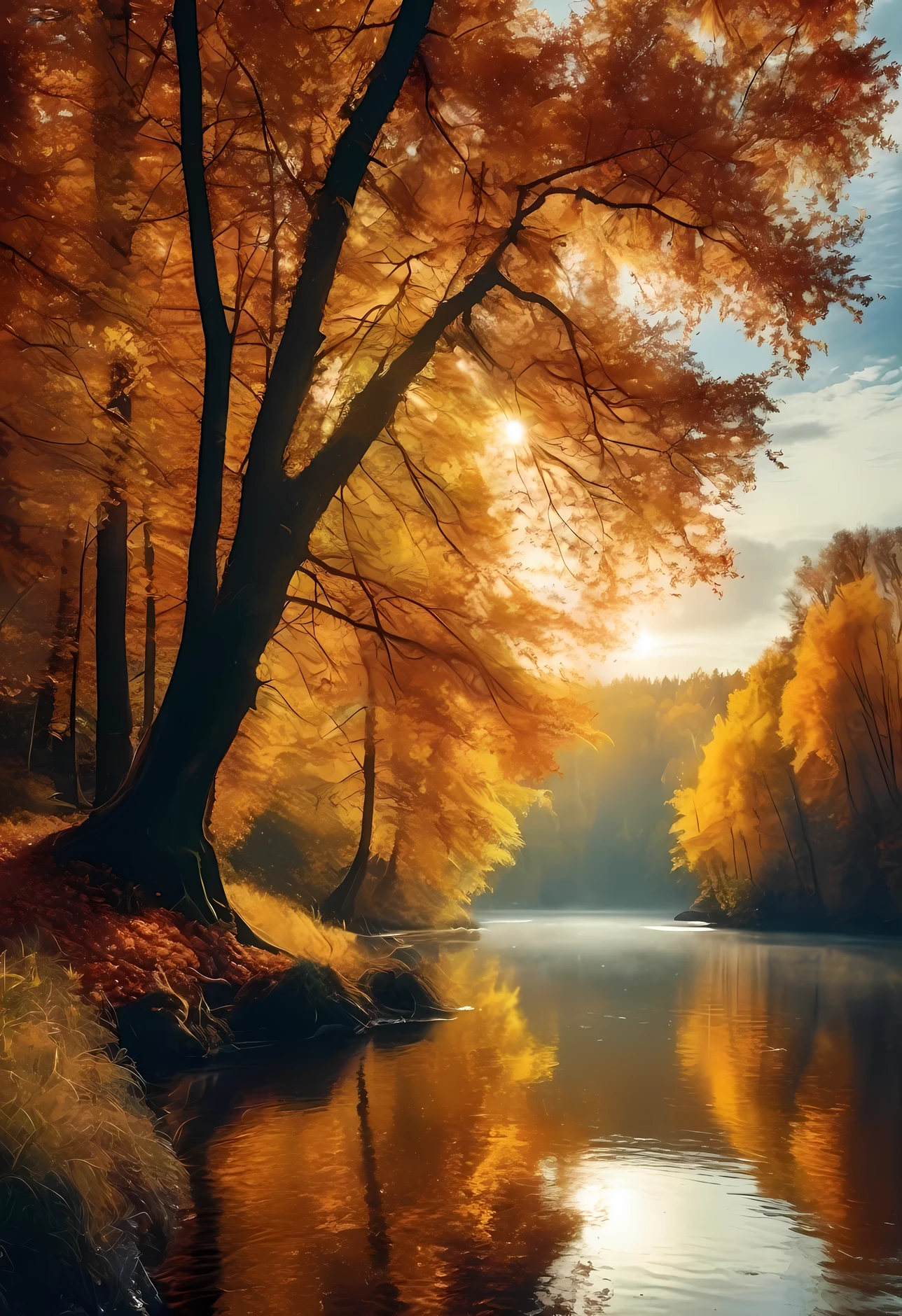 The bright autumn forest shines through, illuminating the river by the sky, giving peace in a way that makes everything seem ok. Beautiful, inspiring, calm, and peaceful