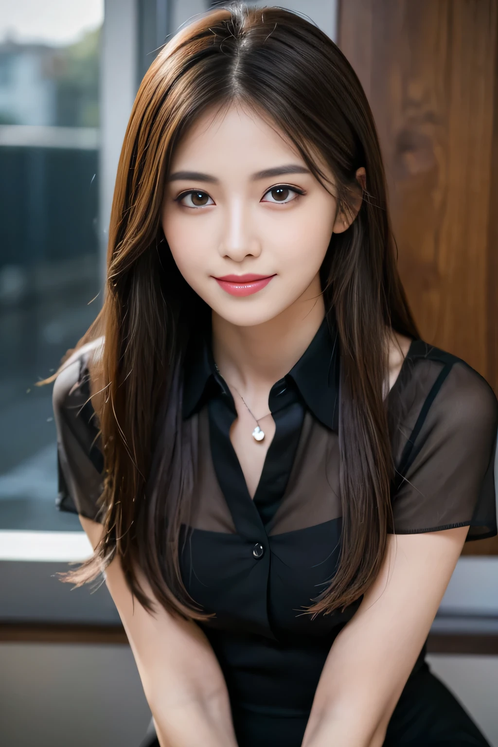 (RAW Photos), (Realistic), (masterpiece), (highest quality), High resolution, 8k, (Intricate details), (Volumetric Light), Portraiture, woman,Age 25, Medium Hair, Straight hair, Medium Chest, Layered Hair, Brown Hair, Very beautiful eyes, Source order, Very thin eyebrows, Very fine skin, Very beautiful mouth, Very nice nose, Cute like an idol, smile, (Thick lips), (Looking at the audience), (See-through black collared dress shirt), Above the knee shot