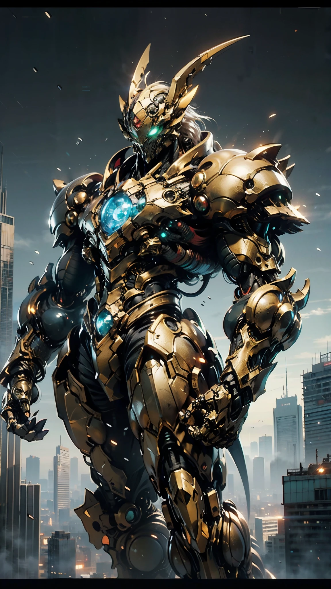 A man wearing a full-face helmet, a fantasy-style biotech armored combat suit, green eyes, (a composite layered chest armor), fully enclosed shoulder guards, matching arm and leg guards, the belt is adorned with dragon claw grasping orbs, (primarily black with red accents), the design balances heavy with agility, a high-tech bio-mecha armor, (lion concept Armor, stand on the top of a skyscraper in a futuristic sci-fi city), this character embodies a finely crafted fantasy-surreal style armored hero in anime style, exquisite and mature manga art style, (element, plasma, energy, the armor glows), ((male:1.5)), metallic, real texture material, dramatic, high definition, best quality, highres, ultra-detailed, ultra-fine painting, extremely delicate, professional, perfect body proportions, golden ratio, anatomically correct, symmetrical face, extremely detailed eyes and face, high quality eyes, creativity, RAW photo, UHD, 32k, Natural light, cinematic lighting, masterpiece-anatomy-perfect, masterpiece:1.5