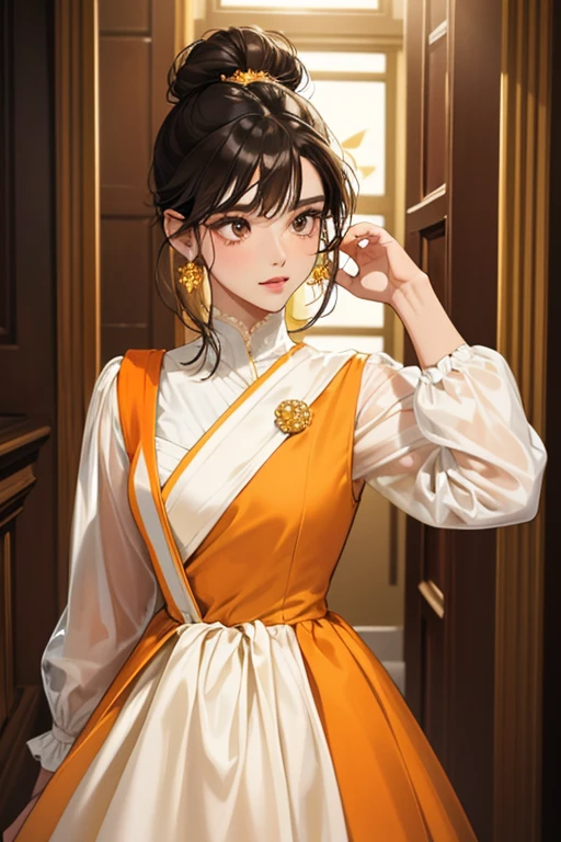 Alex with light brown skin, sleek black hair in a bob, and light honey-brown eyes.   light orange and white long sleeved dress as her hair and face transformed into a classic styled look as her hair is extended to a French bun style. SPARKLE; GLITTER. 