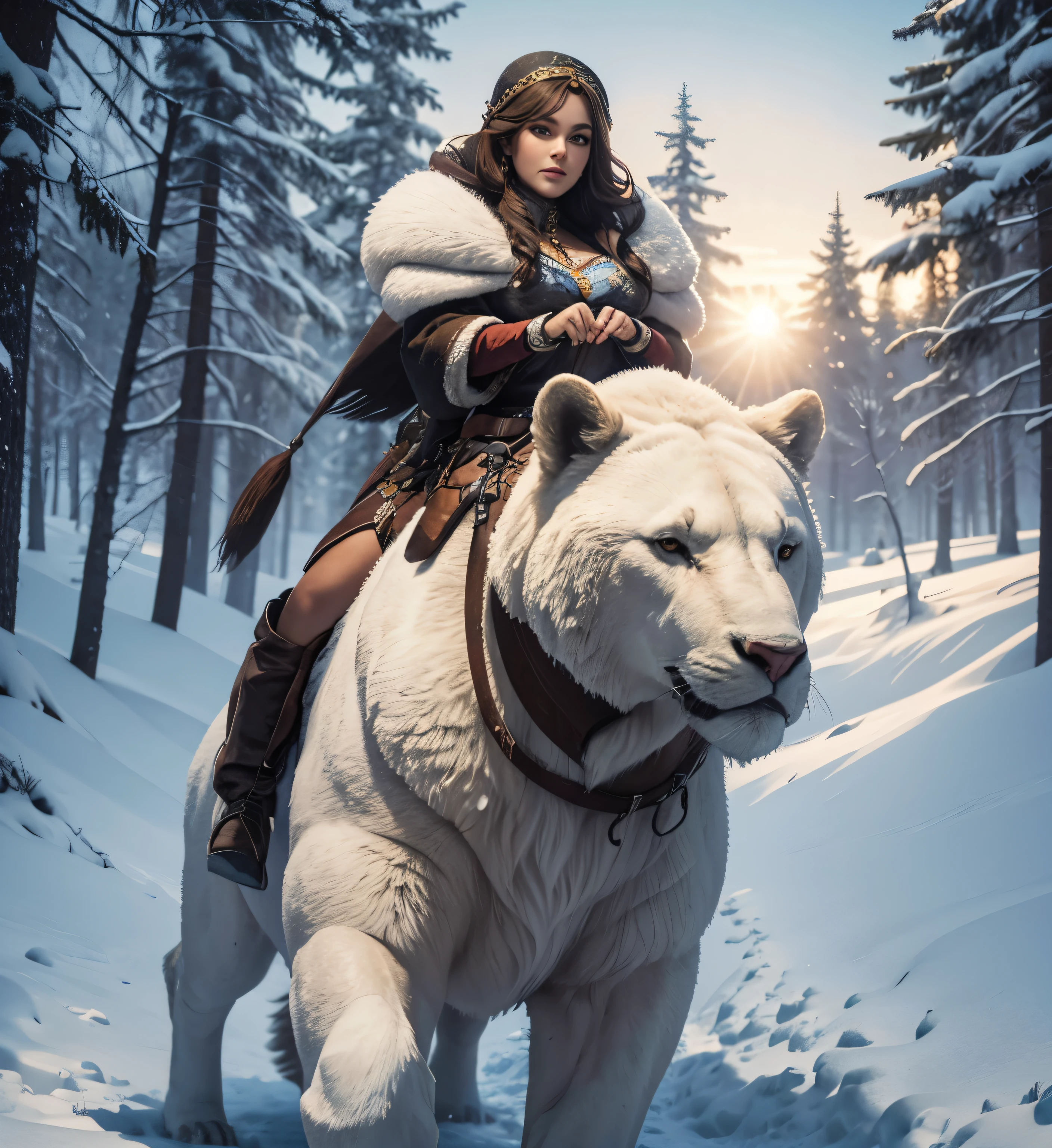 linda modelo de mulher russa em uma tanga, riding on the back of a standing bear in neve, neve,