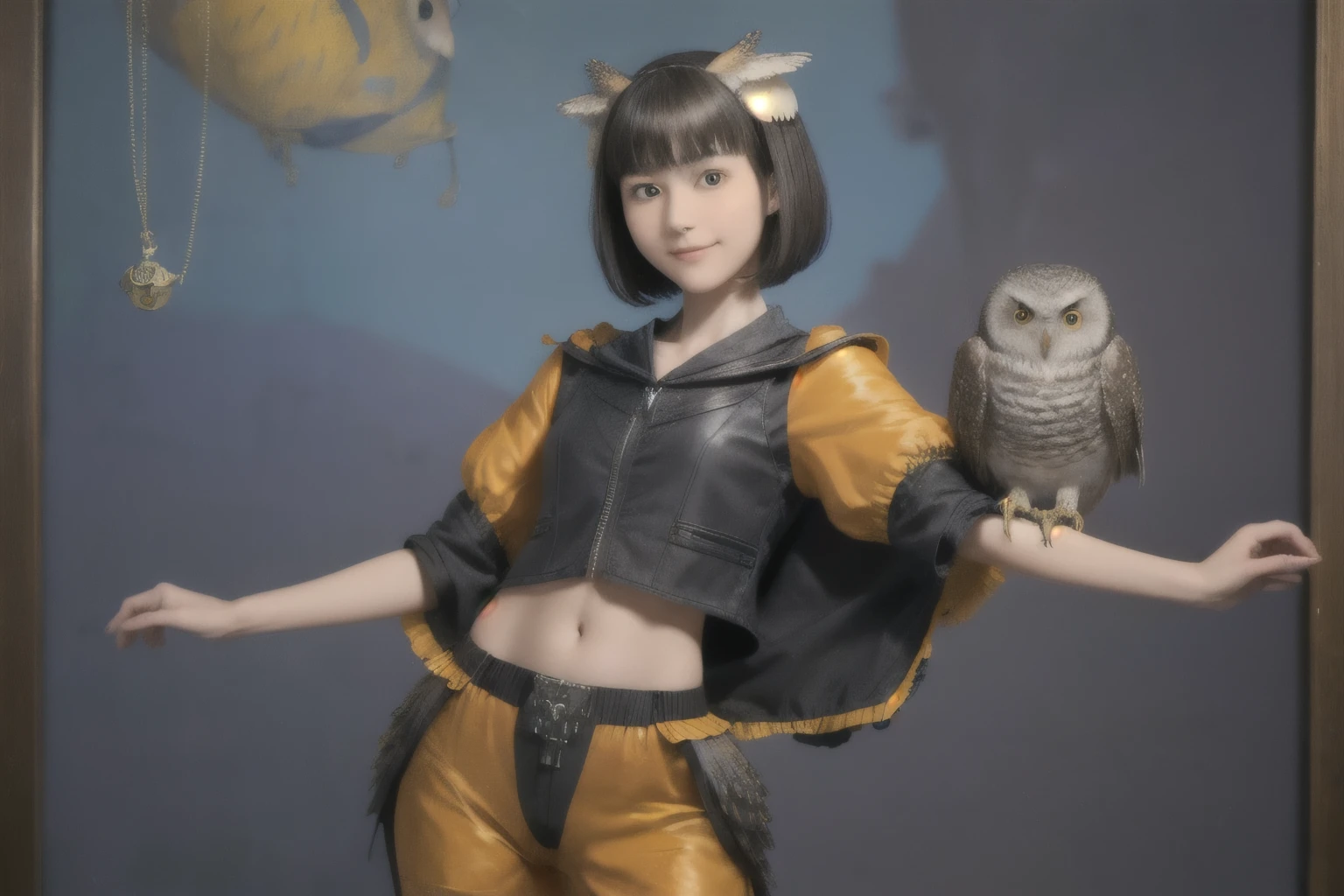 224 Short Hair, 20-year-old woman, A kind smile, (There are also colorful owls), (Rembrandt-style painting), ((machinery suit,Clothes with short sleeves)),I can see your abs
