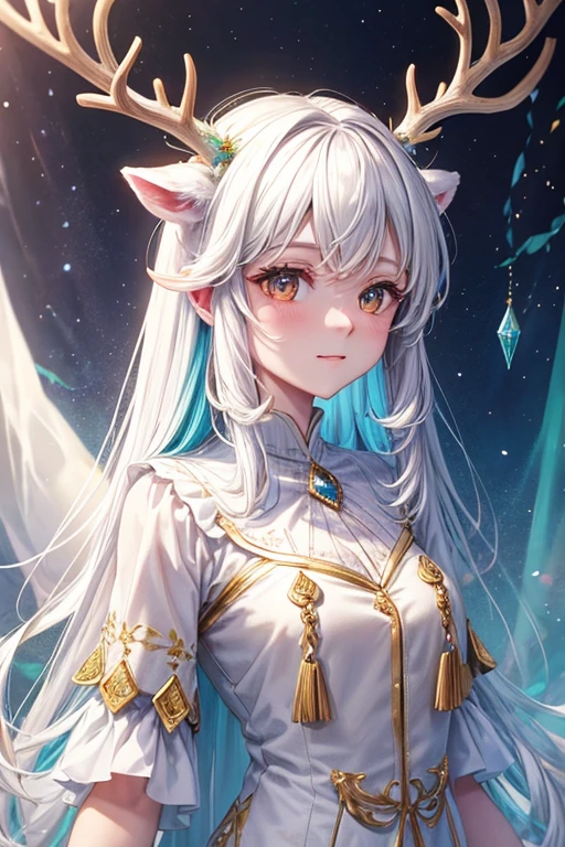 animal white deer with antlers decorated with crystals with rainbow gem on the chest in the middle of the forest