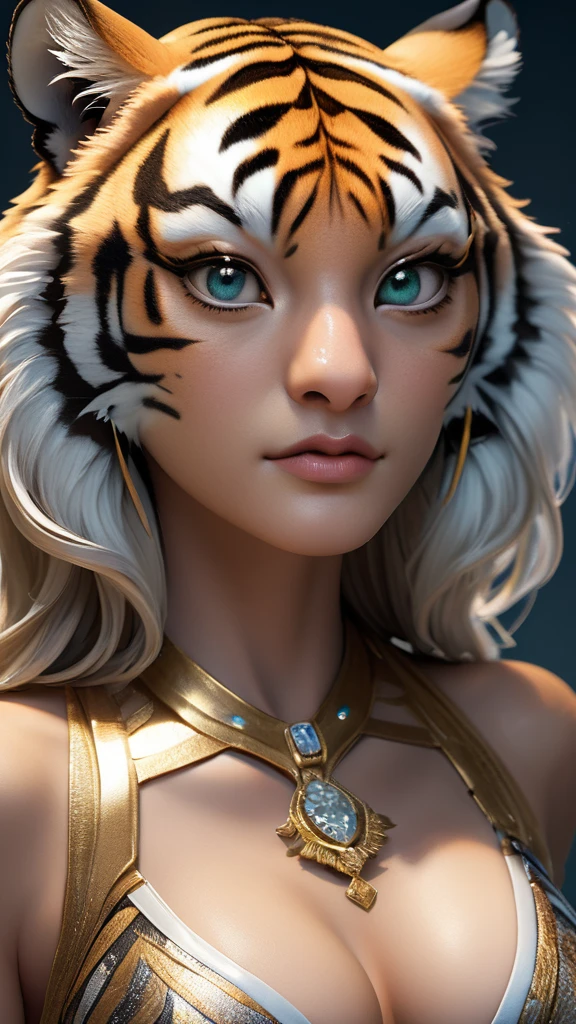 photorealistic, absurdhres, extremely detailed, professional lighting, 8k wallpaper, (detailed skin and pores), highly detailed face and eyes
A (full body shot, wind angle:1.4) glamorous photo of a (tiger+human hybrid:1.5),big breast:1.5