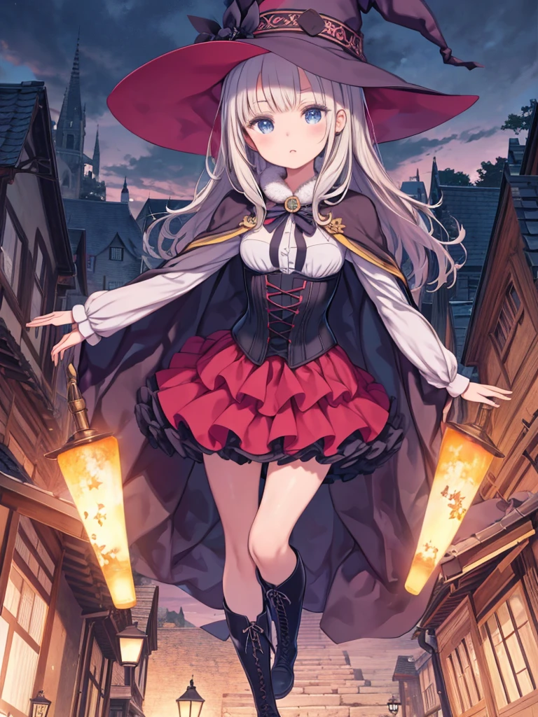 ほうきと帽子を持つwitchの衣装を着た女性、Beautiful illustrations, highest quality, pretty girl, witch, Cape, Medieval town, nature, skirt, boots, ribbon, corset, Dynamic Angle,
