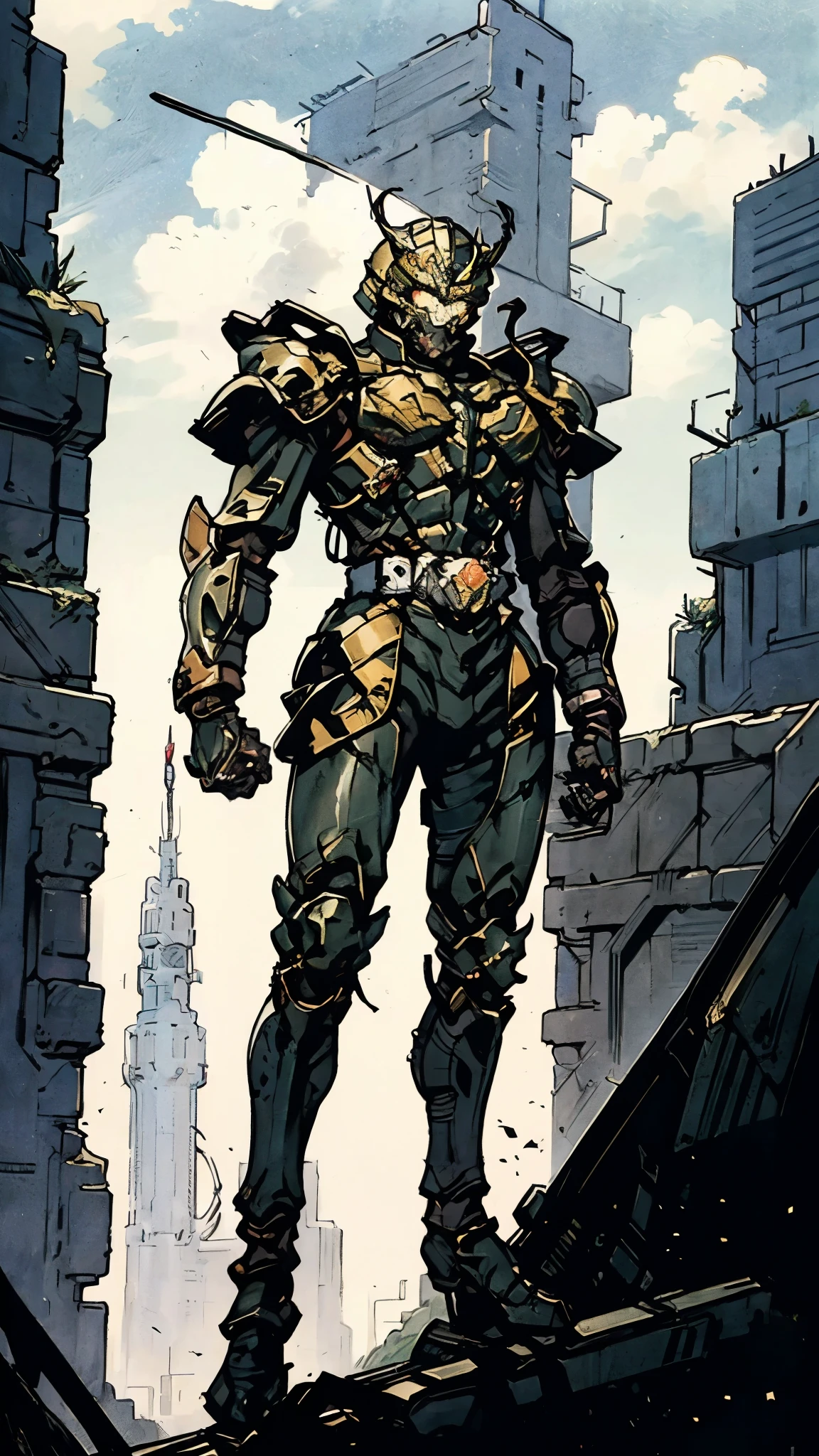 A man wearing a full-face helmet, a fantasy-style biotech armored combat suit, green eyes, (a composite layered chest armor), fully enclosed shoulder guards, matching arm and leg guards, the belt is adorned with dragon claw grasping orbs, (primarily black with red accents), the design balances heavy with agility, a high-tech bio-mecha armor, (lion concept Armor, stand on the top of a skyscraper in a futuristic sci-fi city), this character embodies a finely crafted fantasy-surreal style armored hero in anime style, exquisite and mature manga art style, (element, plasma, energy, the armor glows), ((male:1.5)), metallic, real texture material, dramatic, high definition, best quality, highres, ultra-detailed, ultra-fine painting, extremely delicate, professional, perfect body proportions, golden ratio, anatomically correct, symmetrical face, extremely detailed eyes and face, high quality eyes, creativity, RAW photo, UHD, 32k, Natural light, cinematic lighting, masterpiece-anatomy-perfect, masterpiece:1.5