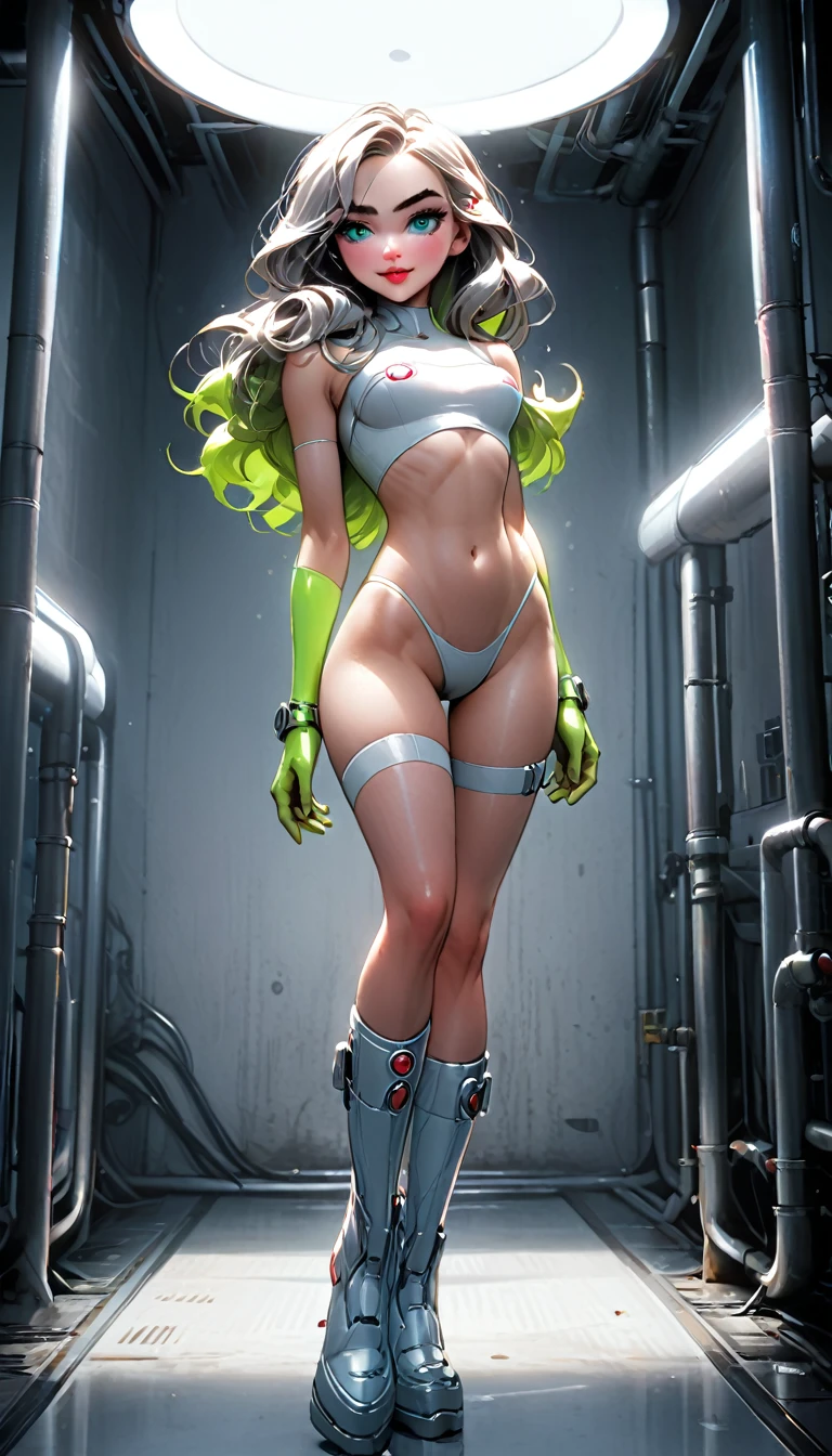 ((high res), (ultra detailed), [colorful], (depth of field), (perfect face), (8k), (fill light), (pictorial), detailed outfits, rich in details and textures. Sharp focus face, comic, anatomical posture, hand and foot reference anatomy, 1 Slender passionate Girl pose, Long White-Grey Disheveled Messy realistic Hair, Wide Gorgeous Realistic Green Eyes, Cute beautiful model face, prominent red juicy lips, round nose, Hourglass Figure, fit body, Long Slender Legs, White Military Boots, white-cyan tight pilot bodysuit with Leggings, Neckline on the chest and hips ,  chest armor, biomechanical arms and legs, Backpack , Science Fiction, soft front light. dynamic angle, Pixar rendering.

Bright high-tech dining room, tables and chairs, LED flat lamps on the walls, metal pipes under the ceiling, gray mirror floor. DIY neon signs on background 