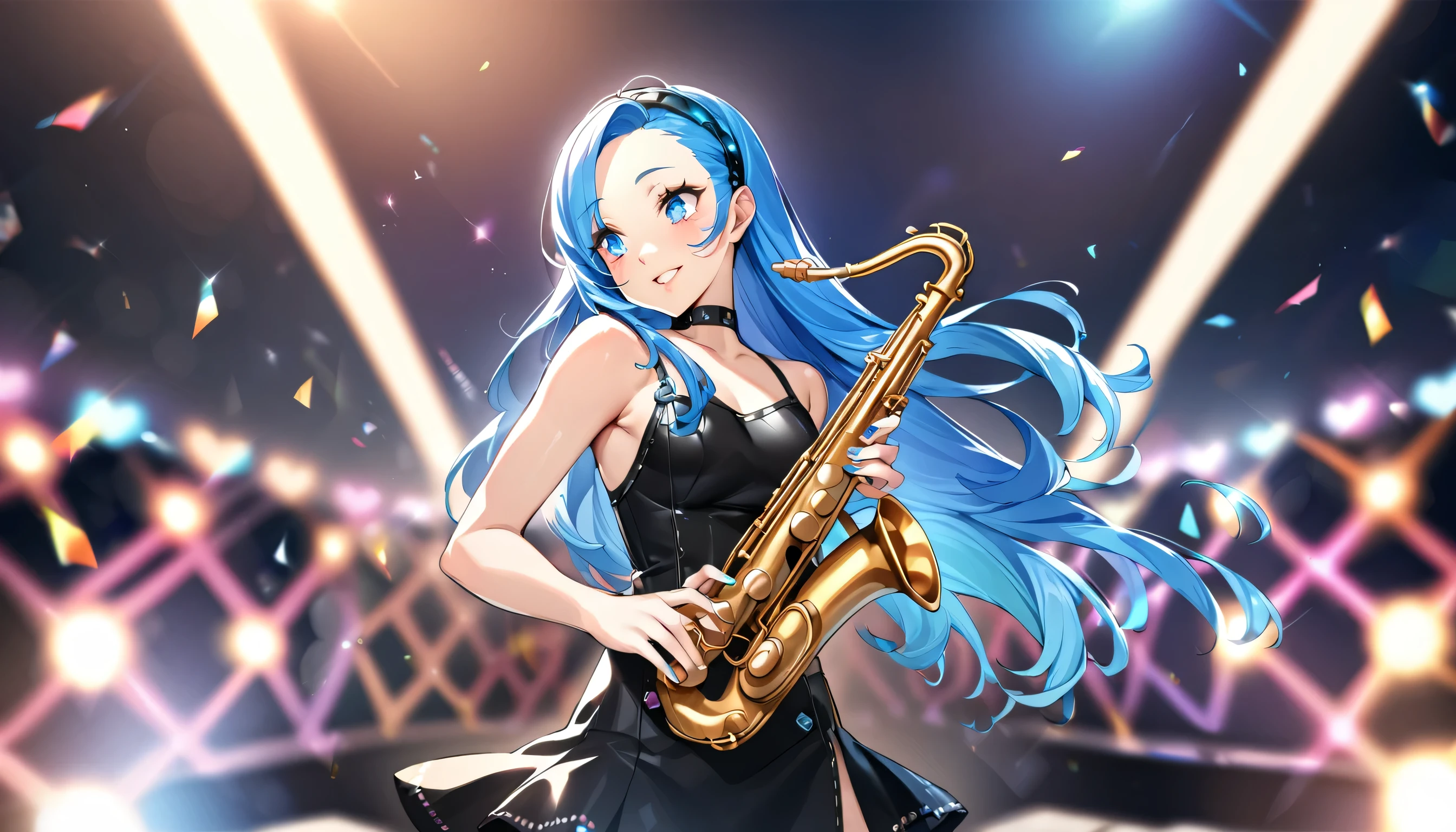 (panoramic in the Concert Venues), profile ((punk girls band style)) (in a sexy punk dress) (soko:1.4 forehead:0.3 blue hair long hair lovely girl is Saxophone player, 15 yo, lovely blue eyes, blushing, love smile), (playing detailed:1.3 Saxophone), BREAK, perfect anatomy, masterpiece, best quality, 16k.