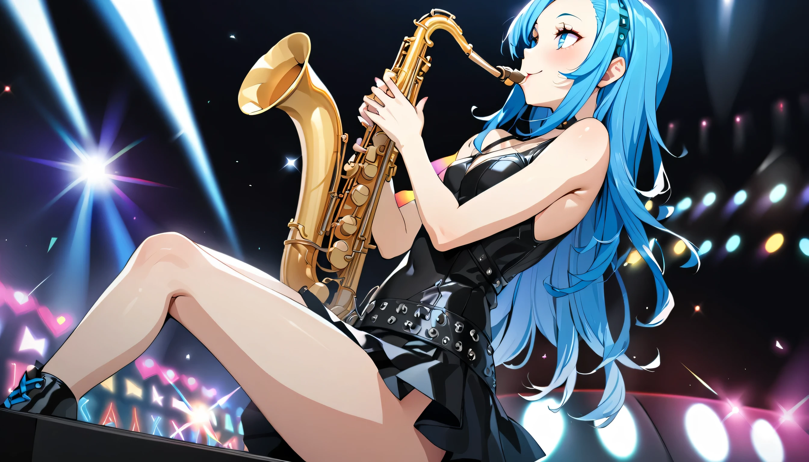 (panoramic in the Concert Venues), profile ((punk girls band style)) (in a sexy punk dress) (soko:1.4 forehead:0.3 blue hair long hair lovely girl is Saxophone player,  yo, lovely blue eyes, blushing, love smile), (playing detailed:1.3 Saxophone), BREAK, perfect anatomy, masterpiece, best quality, 16k.