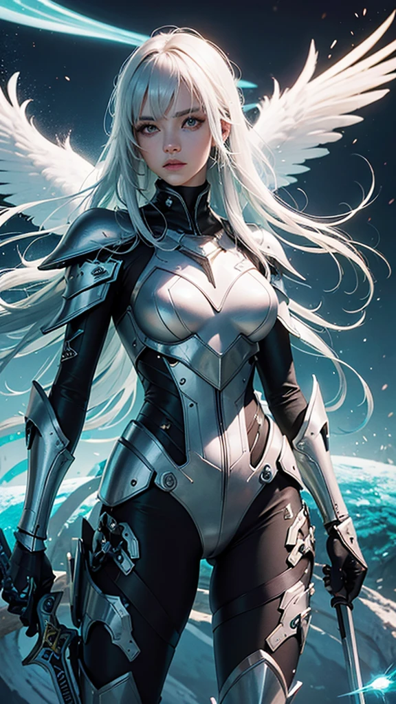 Lutando com espada, mulher com rabo de cabalo, cabelos escuros, olhos verdes, cybernetic armor, roupa colante, espada luminosa, asas de anjo, mulher de cabelos escuros com 20 anos, cyberpunk, deserto, sol, iluminando armadura de anjo