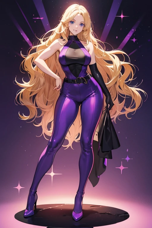 Pam has long thick, wavy, blonde hair, as well as a fair complexion and blue eyes. Her catsuits are violet, and black and red. Her civilian outfit is a purple sleeveless halter top, a white belt, mid-waist pink pants, and dark purple pumps. SPARKLE; GLITTER.