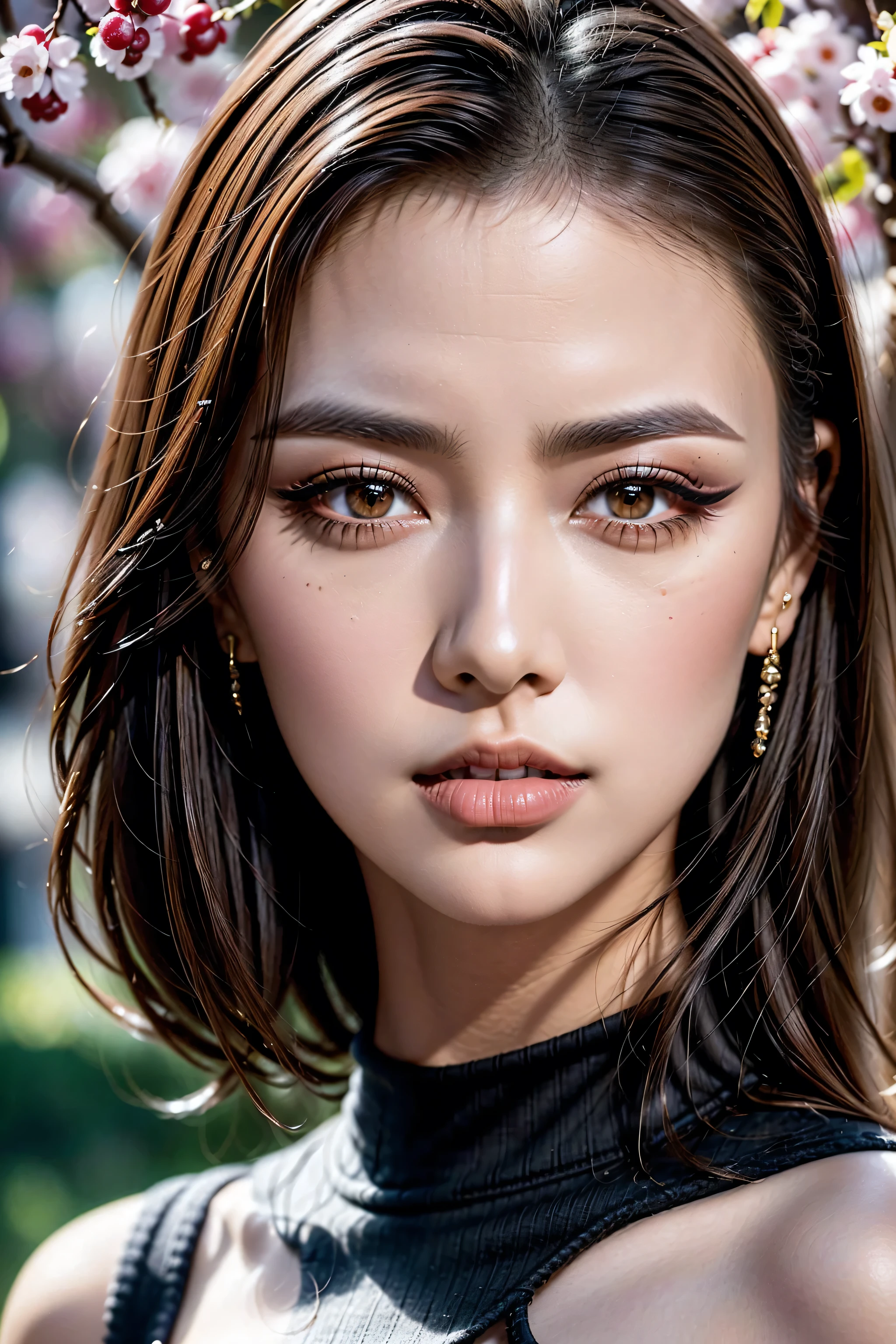 ((Intricately sharp-detailed photo:1.2)), ((soft cinematic lighting:1.2)), ((1girl:1.3 20-year-old)), European fashion supermodel, (photorealistic)),(Ultra Realistic),((sharp focus)),(highest resolution), (the most absurd quality), (masterpiece), (Illustration), 32K, (Best Illustration), ((best high quality real texture skin)), (highly quality texture hair),BREAK,((brown hair(slicked to the side) Intricately detailed:1.23)), (outside,an orchard of blooming cherry trees:1.3), perfect proportions,(anatomically correct),(firm and full big breasts:1.25),((small round head)),(high detailed realistic Super beautiful slim and sharp-face), (best highest detailed realistic black eyes:1.4), ((super realistic sharp-eyes)), (tired and sleepy and satisfied:0.0), (close up of a woman's eyes), perfect round eyes, finely detailed pupils,BREAK,detailed lips:1.3,pink_makeup:1.22, long_blue_eyeliner:1.28, red_lipstick:1.35,(perfect dark_eyeshadows:1.45), (super detailed professional makeup on eyes:1.3), (Detailed nose:1.2),BREAK, ((wearing a tight black knitted mini dress:1.35)),(small head), exquisite balance of shadows, perfect composition, Velvety skin, Looks mesmerising, (look at the viewer),((wide and dark shot:1.25)), Hasselblad, 50mm f/2.2