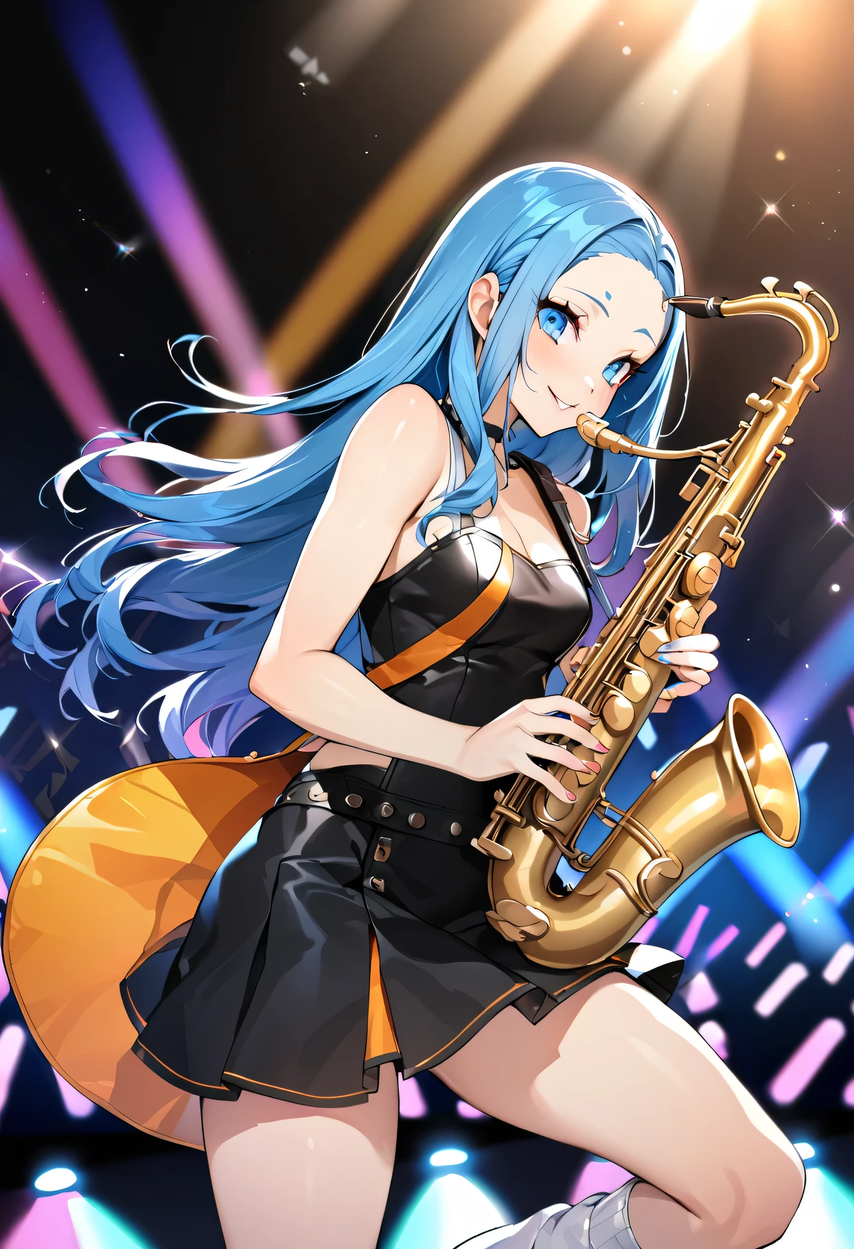 (panoramic in the Concert Venues), profile ((punk girls band style)) (in a sexy punk dress) (soko:1.4 forehead blue hair long hair lovely girl is Saxophone player, 15 yo, lovely blue eyes, blushing, love smile), (playing detailed:1.3 Saxophone), BREAK, perfect anatomy, masterpiece, best quality, 16k.