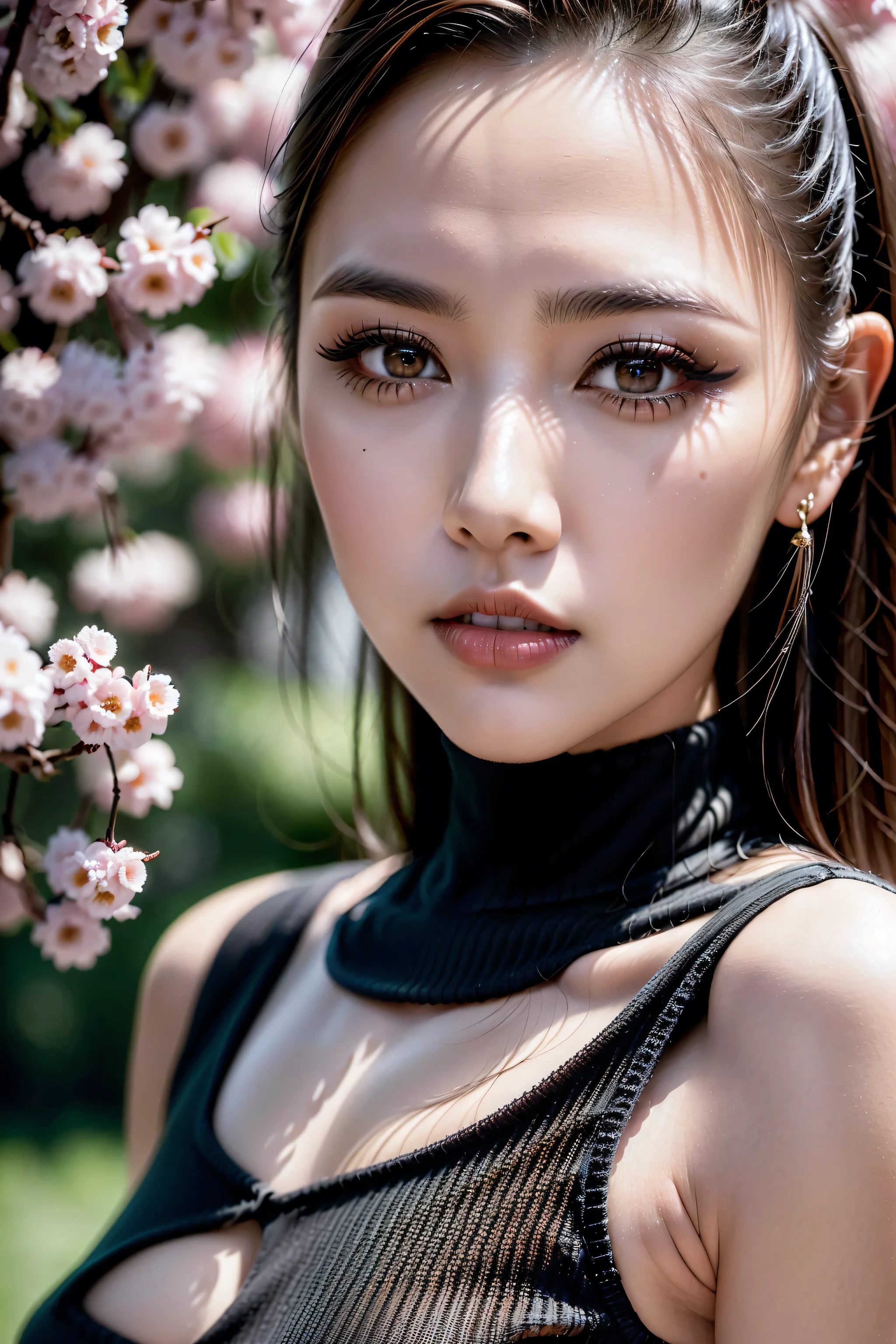 ((Intricately sharp-detailed photo:1.2)), ((soft cinematic lighting:1.2)), ((1girl:1.3 20-year-old)), European fashion supermodel, (photorealistic)),(Ultra Realistic),((sharp focus)),(highest resolution), (the most absurd quality), (masterpiece), (Illustration), 32K, (Best Illustration), ((best high quality real texture skin)), (highly quality texture hair),BREAK,((brown hair(slicked to the side) Intricately detailed:1.23)), (outside,an orchard of blooming cherry trees:1.3), perfect proportions,(anatomically correct),(firm and full big breasts:1.25),((small round head)),(high detailed realistic Super beautiful slim and sharp-face), (best highest detailed realistic black eyes:1.4), ((super realistic sharp-eyes)), (tired and sleepy and satisfied:0.0), (close up of a woman's eyes), perfect round eyes, finely detailed pupils,BREAK,detailed lips:1.3,pink_makeup:1.22, long_blue_eyeliner:1.28, red_lipstick:1.35,(perfect dark_eyeshadows:1.45), (super detailed professional makeup on eyes:1.3), (Detailed nose:1.2),BREAK, ((wearing a tight black knitted mini dress:1.35)),(small head), exquisite balance of shadows, perfect composition, Velvety skin, Looks mesmerising, (look at the viewer),((wide and dark shot:1.25)), Hasselblad, 50mm f/2.2