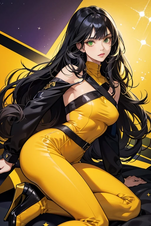 A stylish, anime ciberpunk woman in an Amarillo y Negro outfit poses confidently against a backdrop of the League of Legends universe, embodying the sleek, black-and-yellow color scheme of Loba Andrade from Apex Legends. Her elegant, yellow-toned skin contrasts with her dark attire, adorned with vibrant, yellow panels. The image also features a subtle nod to Brigitte from Overwatch, with the same color scheme. The overall composition exudes a sense of edgy, futuristic allure, fitting for a female chica anime ciberpunk character.