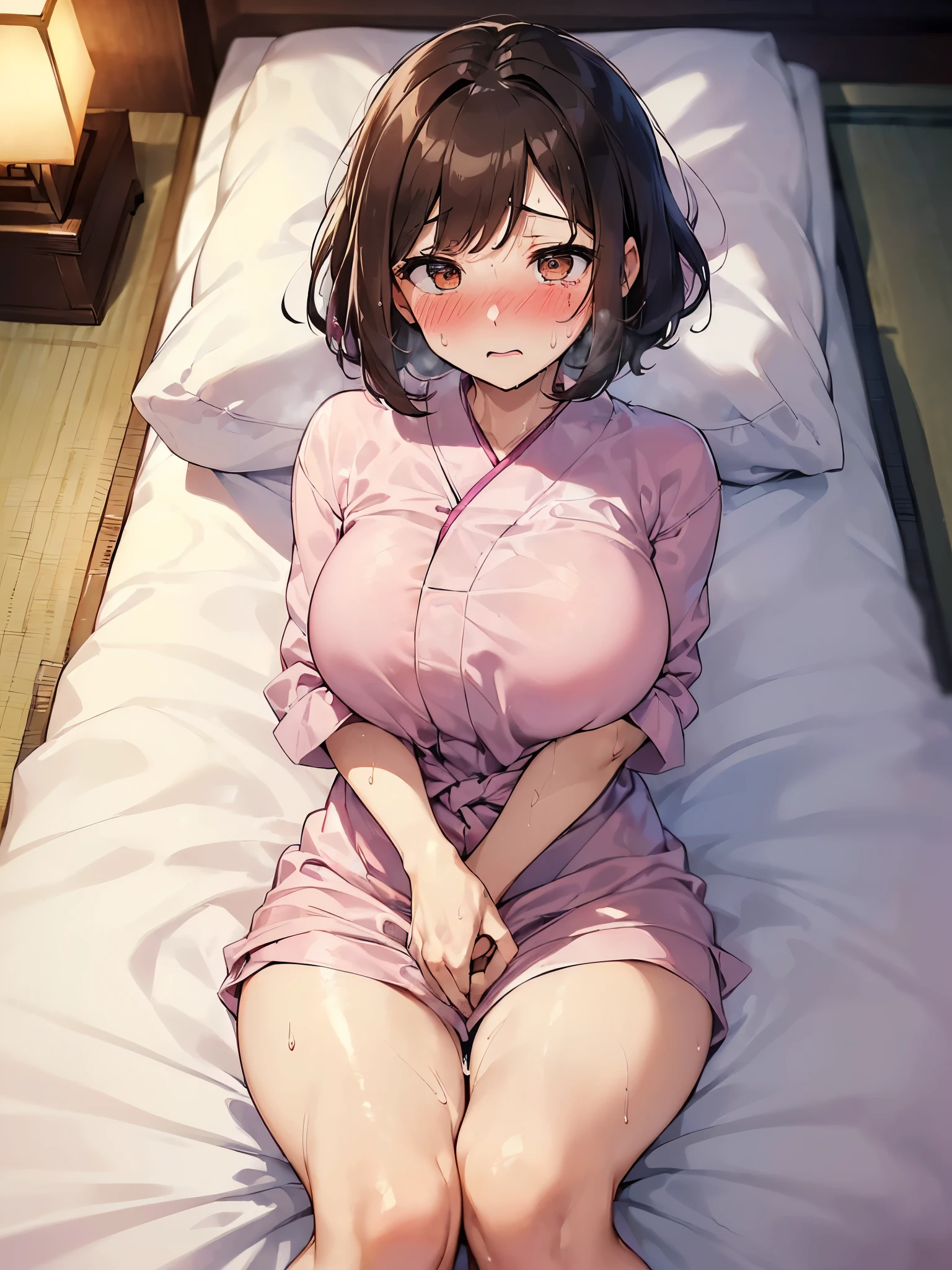 ((Hand thigh massage:1.6)))、(((Wearing pink work clothes:1.3)))、(((The duvet and sheets are white.:1.3)))、(((Spread your legs wide:1.6)))、(((Wearing pink massage clothes:1.3、Restless:1.3、The color of underwear is white:1.3)))、(((The perfect human body:1.3、Filmmaking:1.3、Top View:1.3)))、(((With eyes wide open:1.3、Feels good:1.3、Please open your mouth wide)))、(((highest quality、masterpiece、High resolution)))、(((photograph)))、(((Brown Hair、Wavy Hair、Bob Cut Hair、Round eyes、beauty、Brown eyes、Sweep your bangs to the side))),break,(((Ryokan rooms:1.3、Lying on your back on a white futon:1.3、night:1.3、Blushed:1.3、Sweat:1.3)))、(((The man's hand is caressing her crotch:1.3)))、