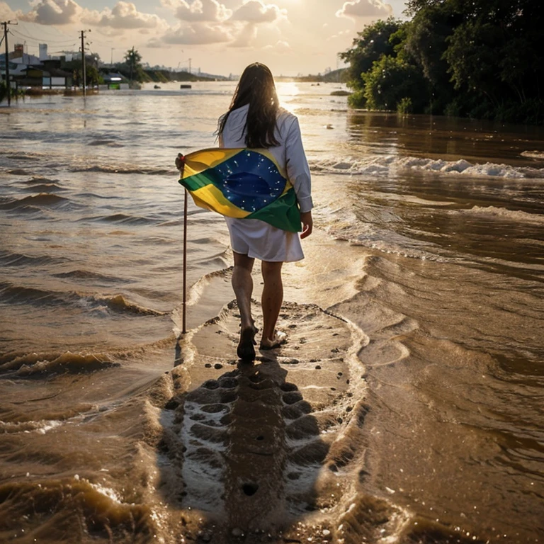 Jesus Christ walking on top of the floods with the Brazilian flag and crying 