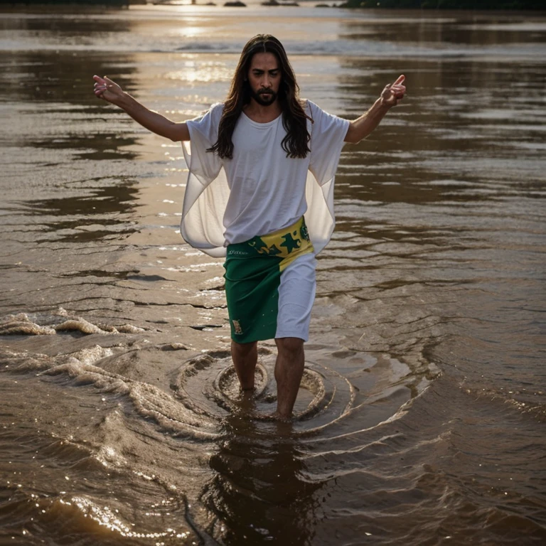 Jesus Christ walking on top of the floods with the Brazilian flag and crying 