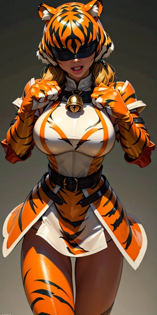 1 solo female blindfolded, animal tiger ears, animal tiger hands, animal tiger print, bell ((Armor reminiscent of a tiger)) Roxanne