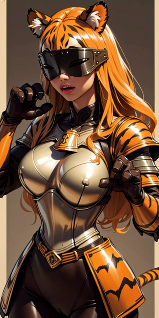 1 solo female blindfolded, animal tiger ears, animal tiger hands, animal tiger print, bell ((Armor reminiscent of a tiger)) (Eris Boreas Greyrat)