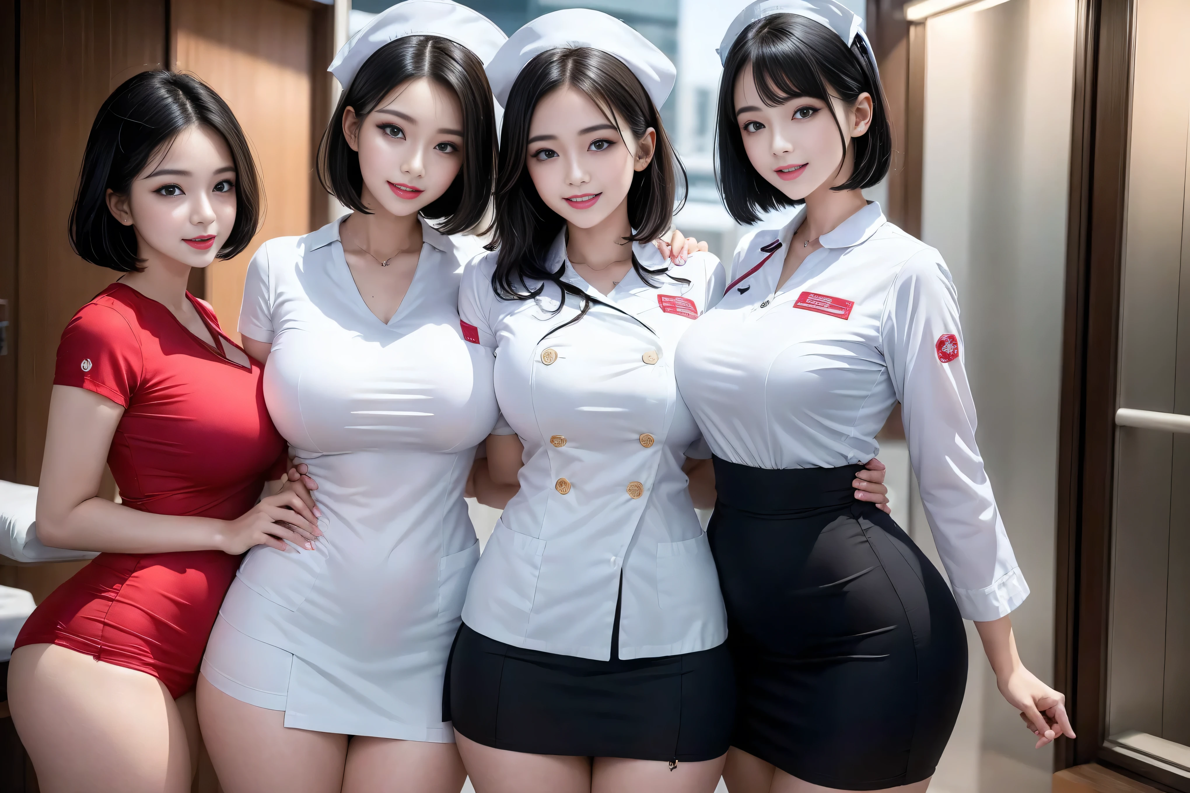 (3 Ultimate Beauty Nurse)、{{{masterpiece}}}, {Oh oh oh, Oh, really:1.2}, best quality, Official Art, Highly detailed CG Unity 8k wallpaper, Very rich facial details、Delicate lips、Delicate eyes、Double eyelids、((Black Bob Hair))、(Nurse:1.3)、(Attractive figure)、(huge)、((Open mouth smile: 1.8, Lovely smile: 1.8)), solo, Short hair details, Energetic smile, blue eyes,With eyes_Tokar, {Beautiful detailed gradient eyes}, Red lips,thigh, thigh, thigh, Perfect fit, Perfect ImageReality, Background and: (Hospital Ward:1.2), Cow Boy Shooting, Detailed background, Detailed clothing, Wearing a nurse hat,Wearing nurse uniform,Perfect lighting、Surreal、(Reality:1.4)、8K maximum resolution, (masterpiece), Very detailed content, professional,
