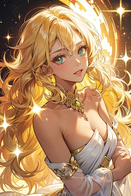 Amber. She has tan skin, emerald eyes, and blonde thick wavy hair. SPARKLE; GLITTER.