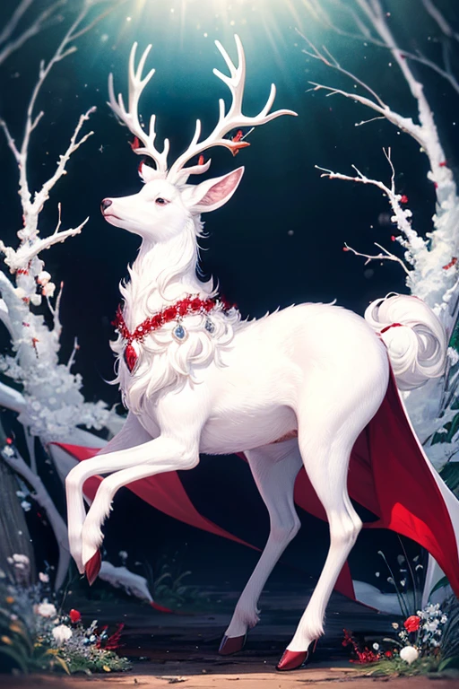 white deer quadruped animal with white fur with red crystal antlers with ruby crystals