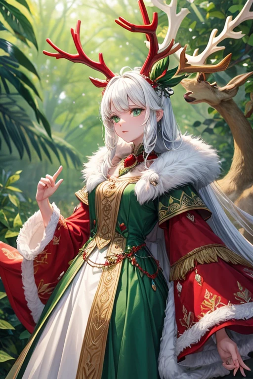 Green deer quadruped animal with white fur with red crystal antlers with ruby crystals