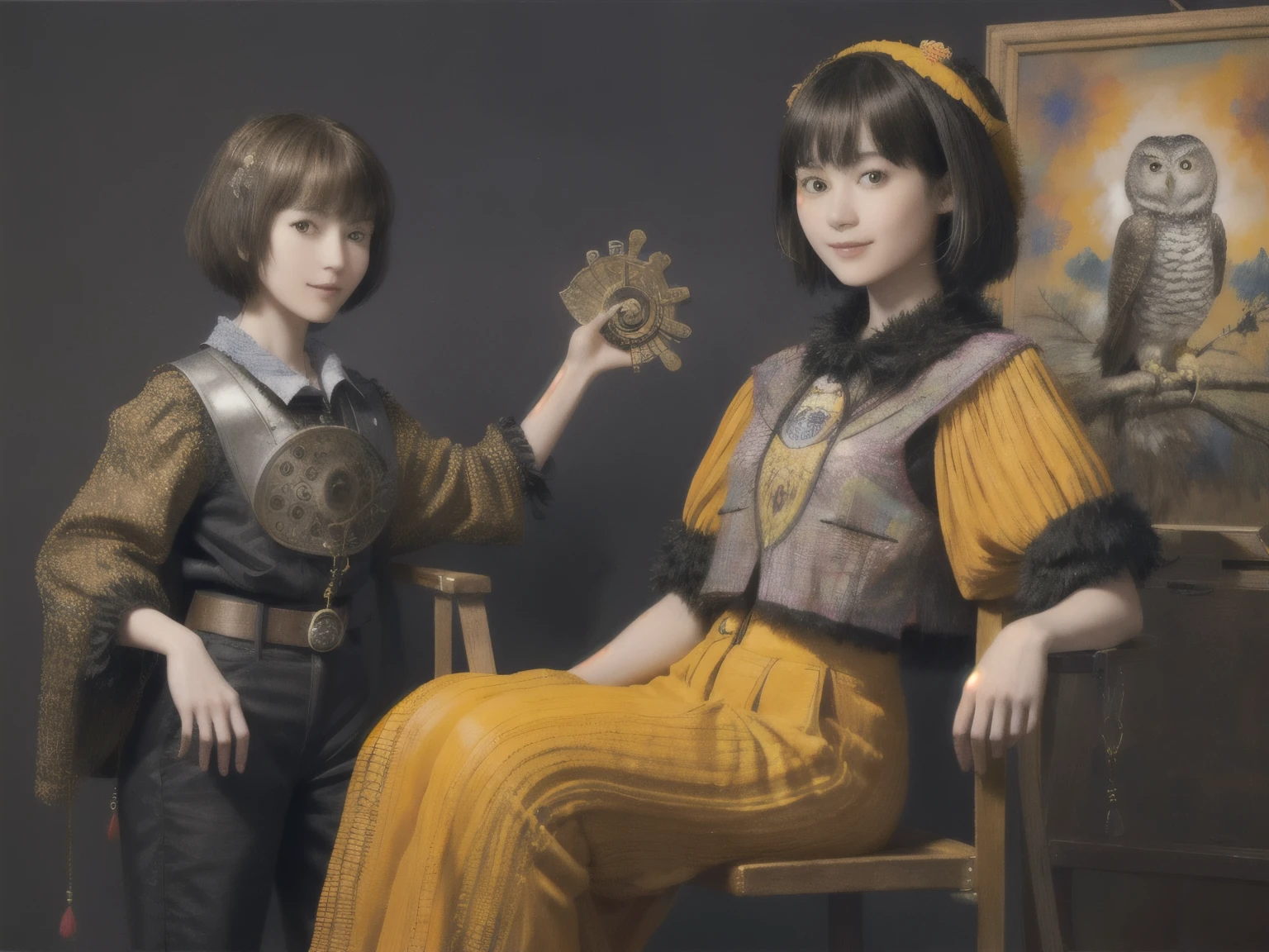 224 Short Hair, 20-year-old woman, A kind smile, (There are also colorful owls), (Rembrandt-style painting), ((machinery suit,Clothes with short sleeves)),I can see your abs