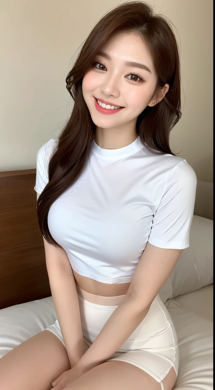 White tight shirt、White tight mini skirt、bed、smile、Short sleeve、high resolution、Korean idol face、double eyelid、White teeth