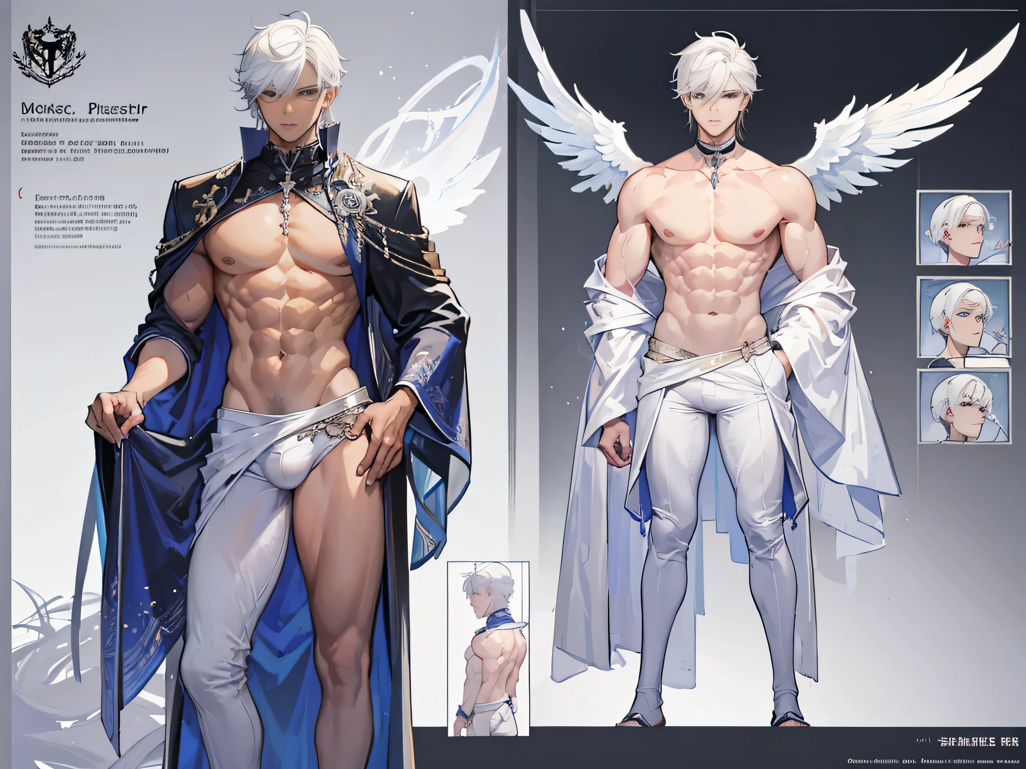 ((Masterpiece, Highest quality)), Male, boy, Detailed face, character design sheet， full bodyesbian, Full of details, frontal body view, back body view, Highly detailed, Depth, Many parts, angel wings, dark skin, white hair, angel outfit, Muscle boy with white hair，handsome man, male angel , man tall, abs, pectoral muscle