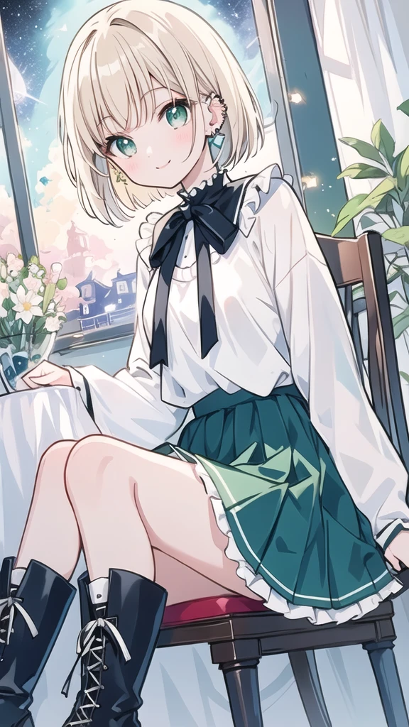 light beige hair, masterpiece, best quality, a girl, smiling, looking at viewer,bob, wave hair, streaked hair,aqua green eyes, with sparkling eyes, slant eyes, pale skin, tall, slim, frilled black sweater,aqua green pleats skirt, piercing, long sleeves, white knee socks,black short boots, black ribbon, delicate facial features, cute face, teenager, medium shot, dutch angle shot, in the room, with a window,a single large shooting star falling, with a starry sky, with a chair, bloom, soft lighting