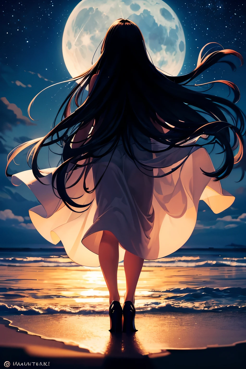 Silhouette art, moonlit tropical beach background, (fantastic night sky), silhouette of a girl with long hair looking at the night sky, the landscape of the sky held by her long hair waving in the night breeze is reflected, masutepiece,Best Quality,