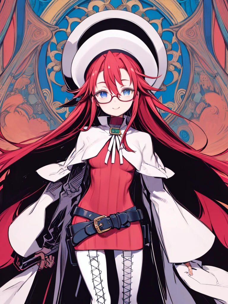 masterpiece、highest quality、High resolution、Very detailed、((((Flat Color))))、Beautiful woman、Smiling、(aty, long hair, blue eyes, red hair,　Hair between the eyes、Big Breasts)、thighhighs, hat, dress, boots, glasses, belt, cape, sweater, zettai ryouiki, beret, thigh boots, white footwear, ribbed sweater, loose belt、Medieval town、Emphasized contours、