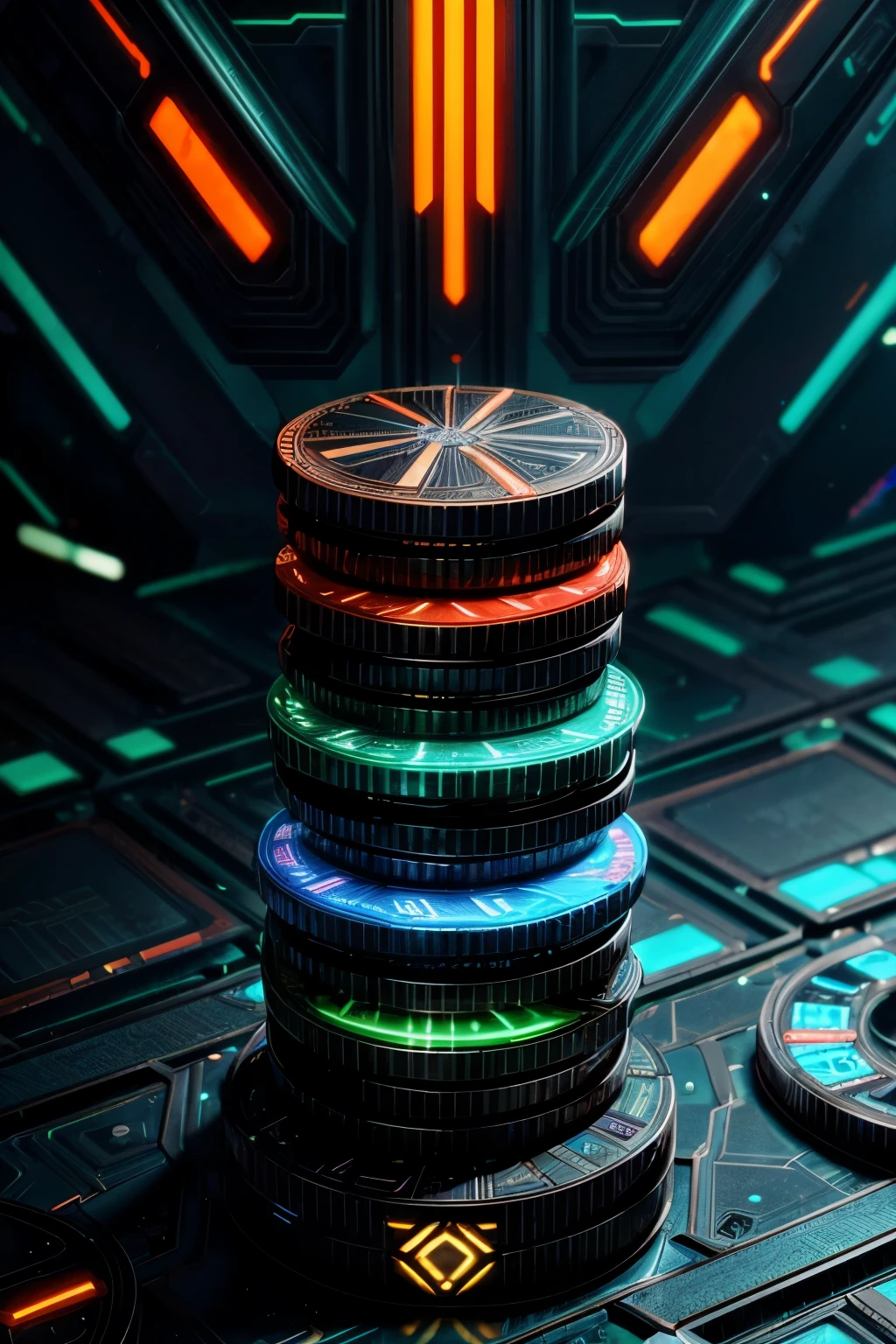 A close-up shot of futuristic cyberpunk-inspired coins arranged in a stack, their metallic surfaces reflecting neon lights and digital patterns, symbolizing the intersection of technology and finance. --ar 16:9