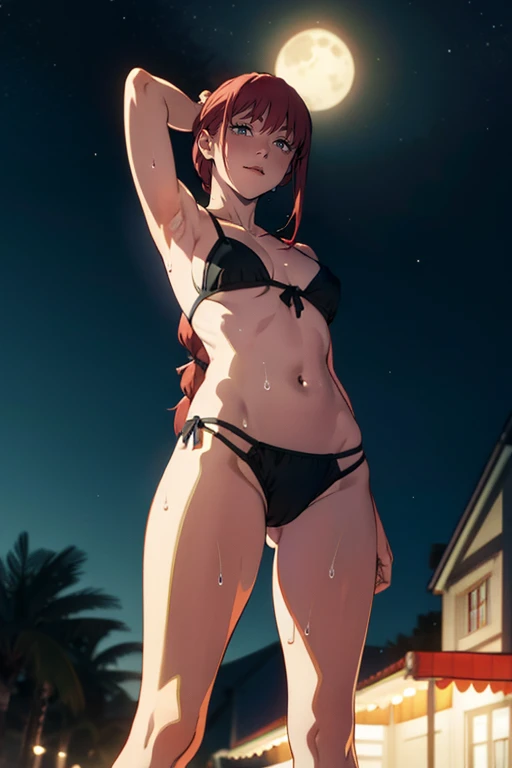 1girl, solo,underwear, navel, breasts, realistic, long hair,, lips, looking at viewer, red hair, collarbone,braided ponytail,yellow eyes, cowboy shot,standing, from below, frilled bikini, legs open, dynamic pose, white skin, pale skin, sweaty armpits, outside, night time, moon,stars,beach sand, cameltoes, 16:9, 